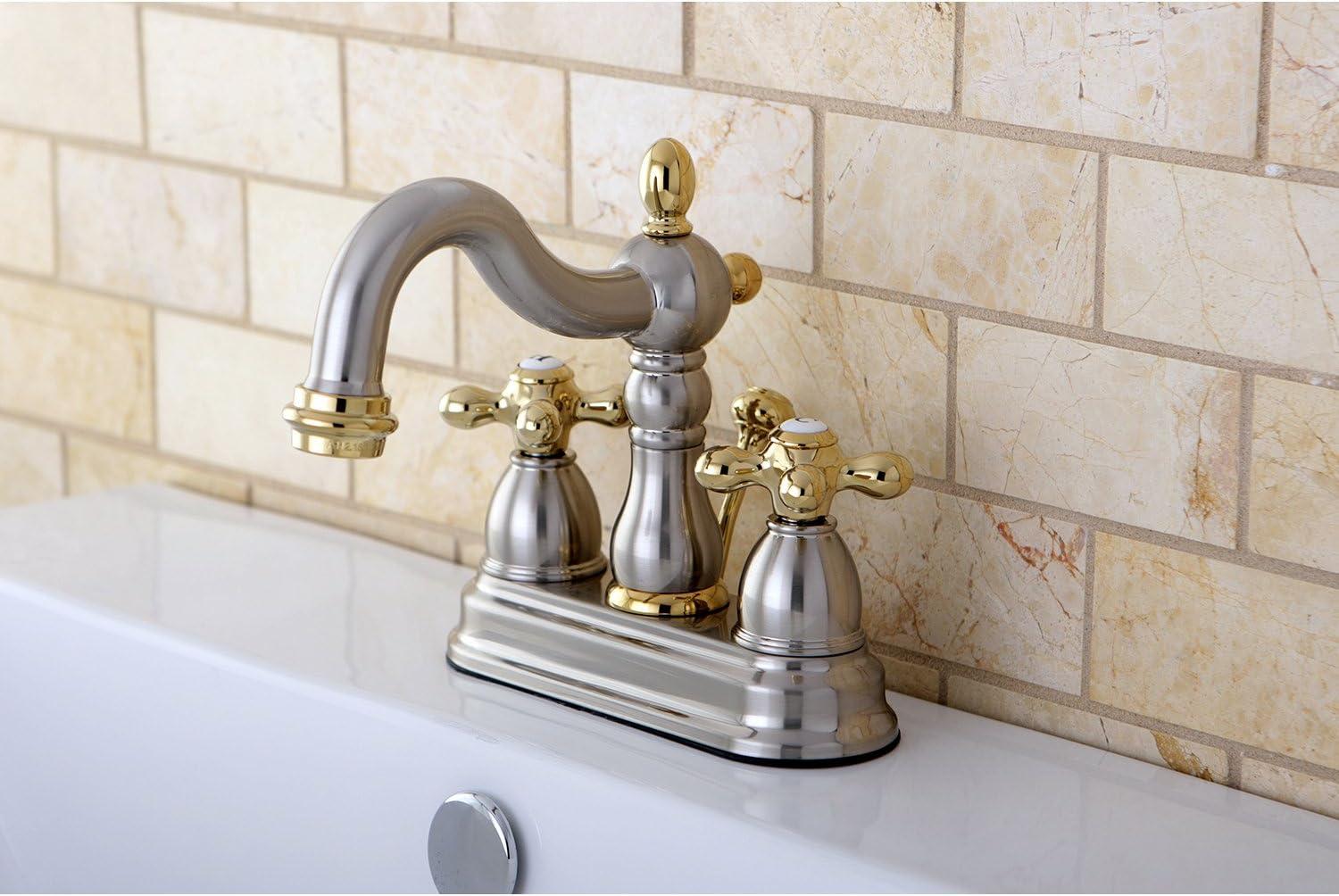 Kingston Brass Heritage Two-Handle 3-Hole Deck Mount 4" Centerset Bathroom Faucet with Plastic Pop-Up