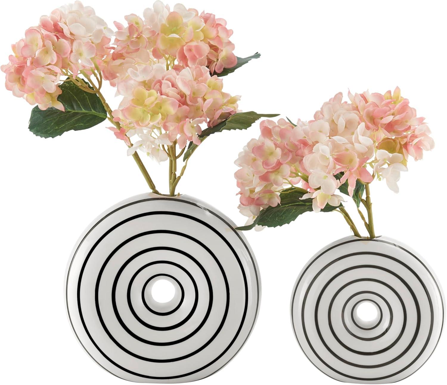 Danya B. Etta Two Piece Glossy Ceramic Black and White Striped Round Hollow Circle Donut Vase Set