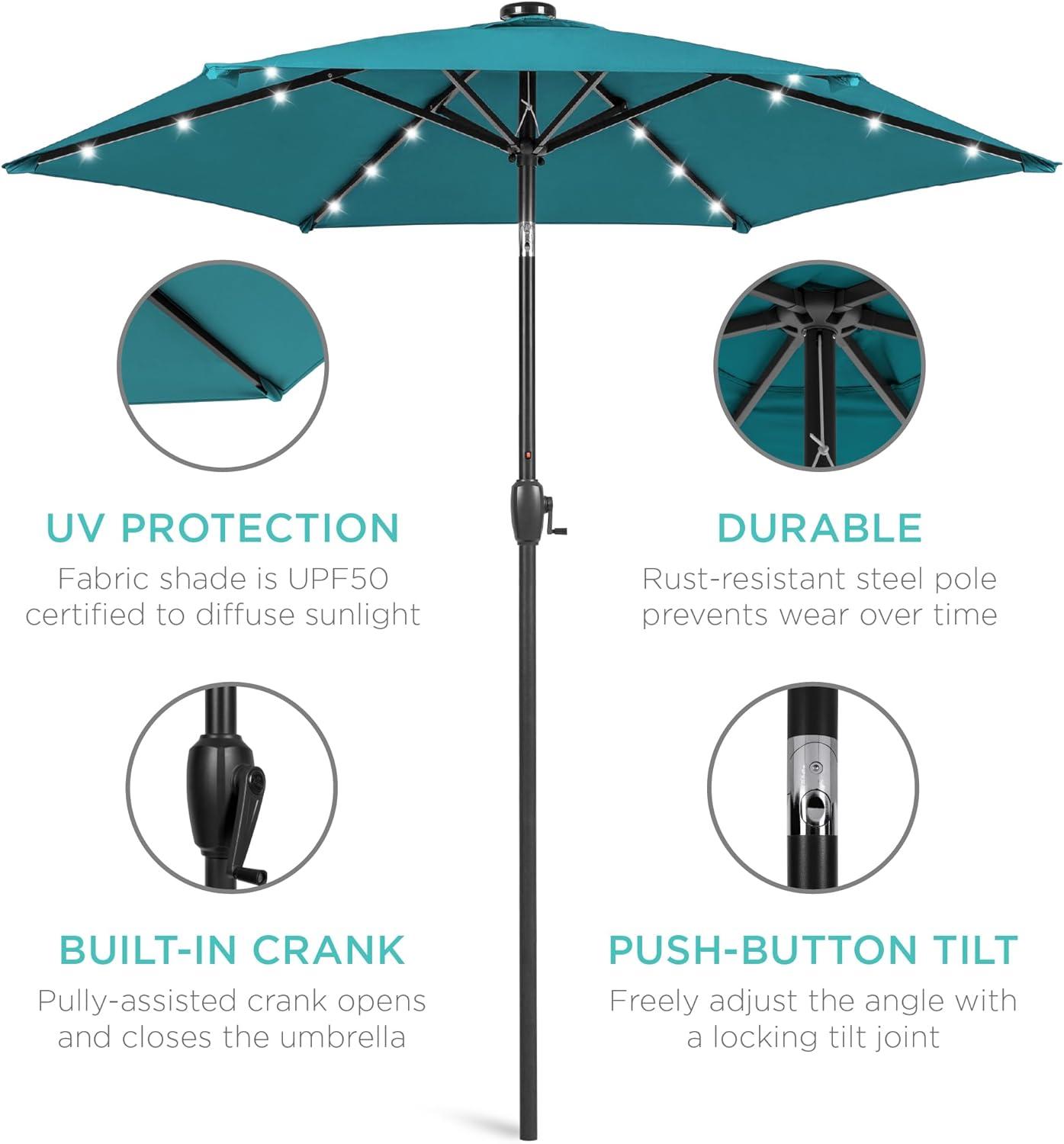 Best Choice Products 7.5ft Outdoor Solar Patio Umbrella for Deck, Pool w/ Tilt, Crank, LED Lights - Cerulean