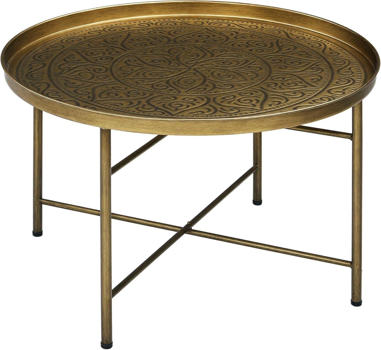 HOMCOM 24" Round Coffee Table with Hammered Tray Top, Vintage Metal Center Table for Living Room, Bedroom, Side Table, Gold