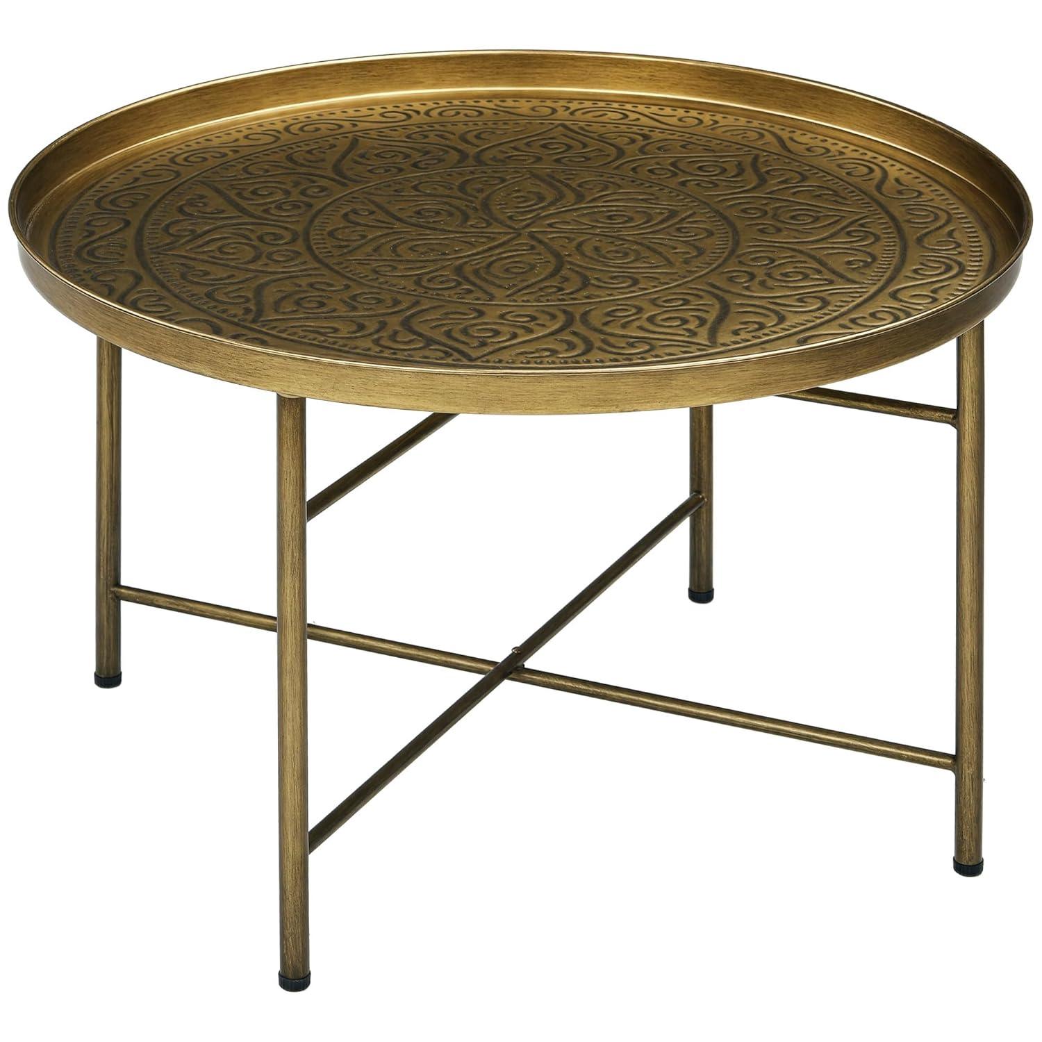 HOMCOM 24" Round Coffee Table with Hammered Tray Top, Vintage Metal Center Table for Living Room, Bedroom, Side Table, Gold