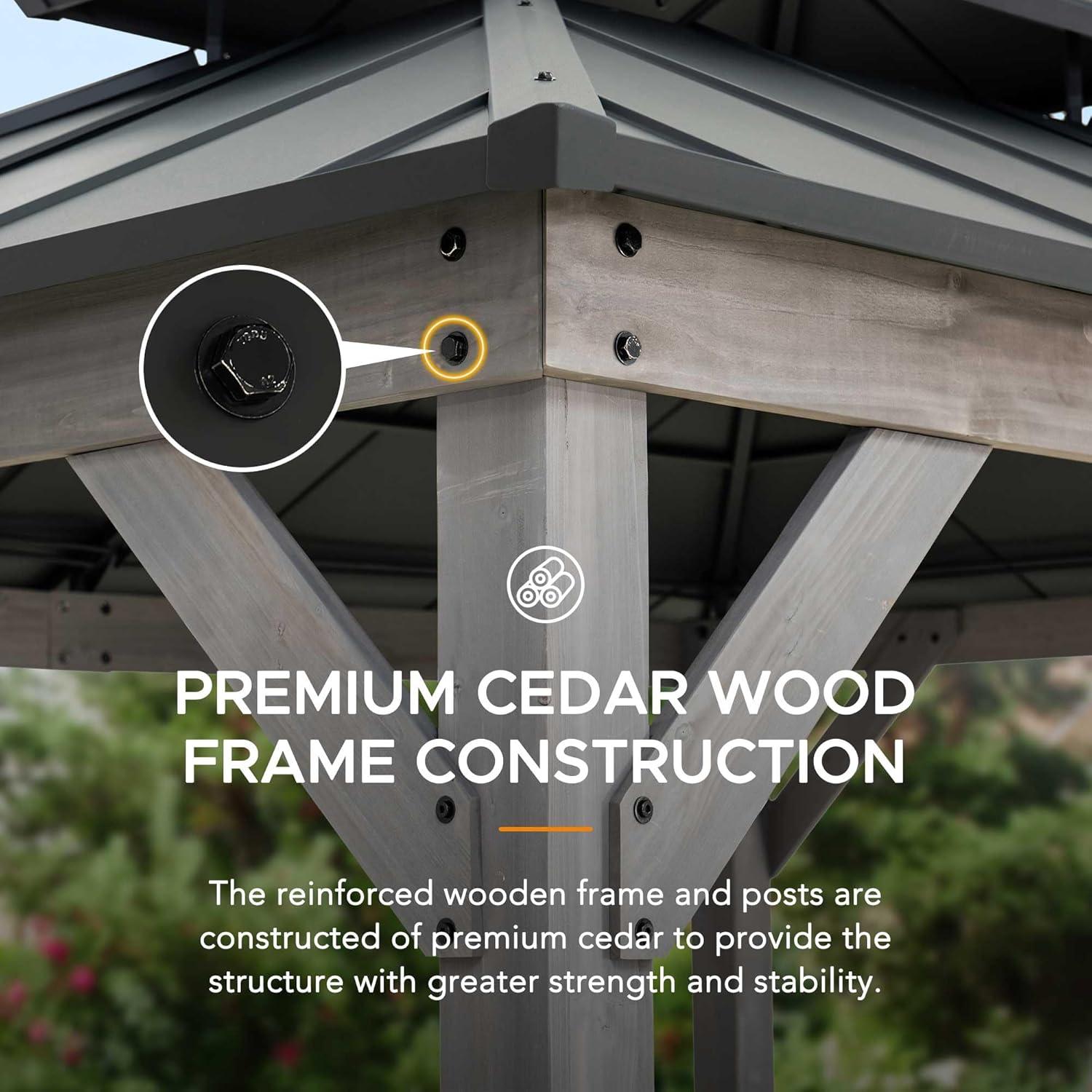 Sunjoy Sunjoy 12x20 ft. Wood Gazebo, Outdoor Patio Steel Hardtop Gazebo with 2-tier Metal Roof, Suitable for Patios, Lawn and Backyard, Matte Black Roof