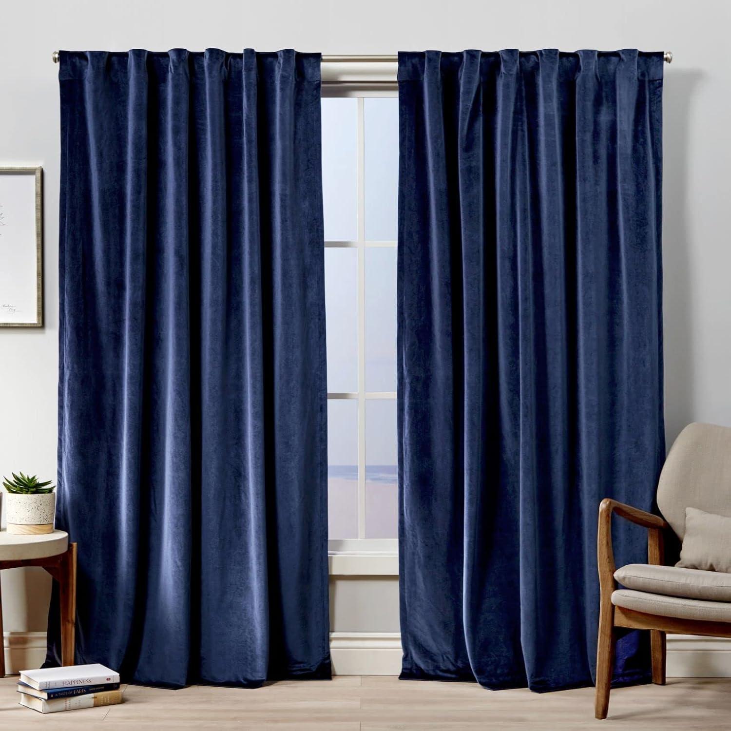 Navy Plush Velvet Light-Filtering Pleated Window Panel Pair