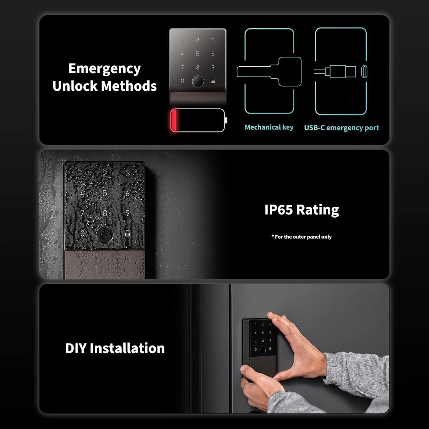 MODERN WALLS LLC Smart Lock U100, Fingerprint Keyless Entry Door Lock With Apple Home Key, Touchscreen Keypad, Bluetooth Electronic Deadbolt, IP65 Weatherproof, Supports Apple Homekit, Alexa, Google, IFTTT