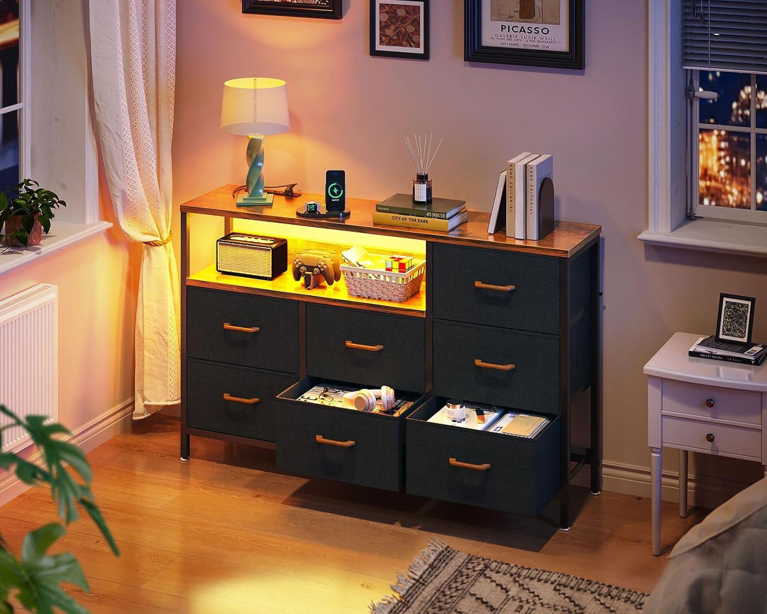 52-Inch Black and Brown Alloy Steel Dresser with LED Lights and Charging Station