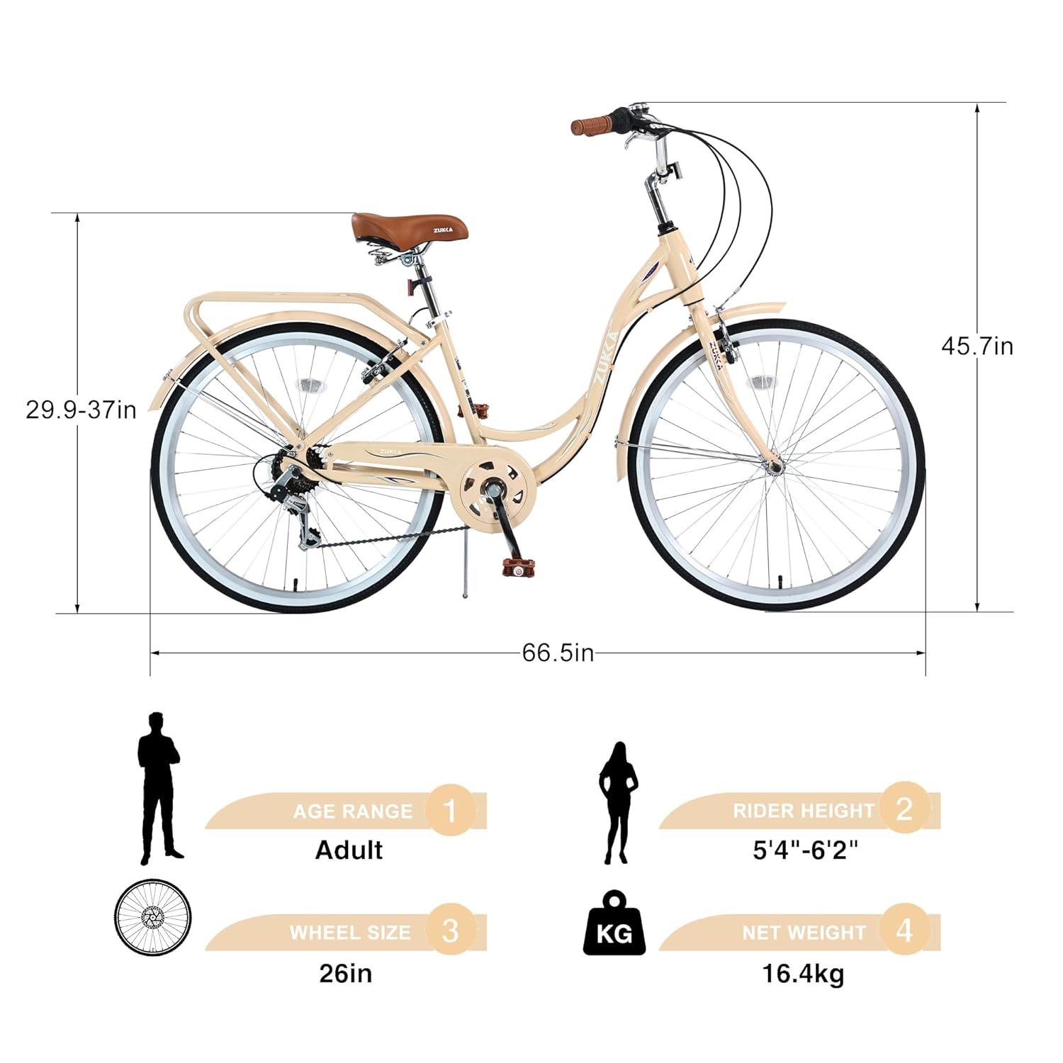 26" Womens Bike 7 Speeds Steel Frame Beach Cruiser Bike Comfort Ladies City Bike, Beige