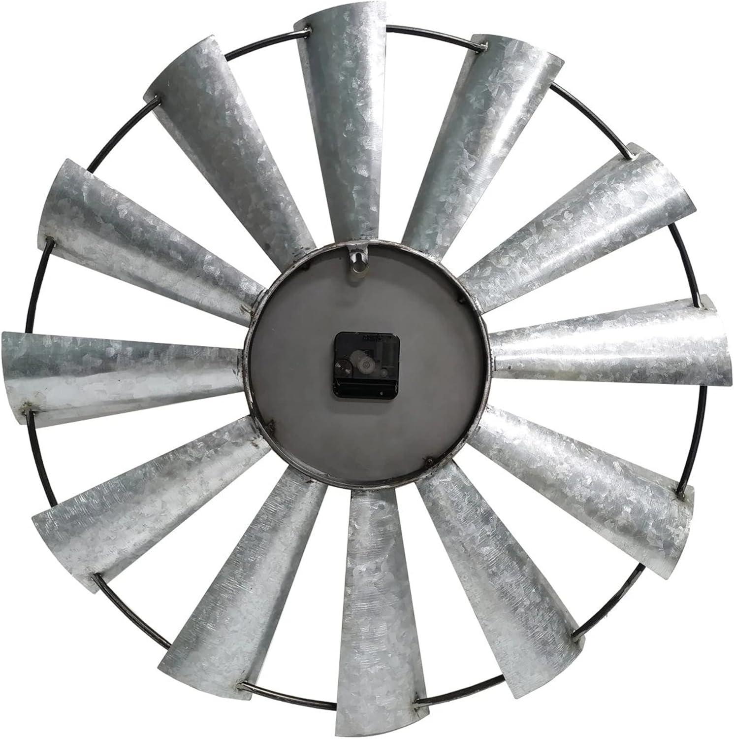 24" Large Farmhouse Decor Wall Clocks Metal Windmill Time Piece Galvanized Silver Analog