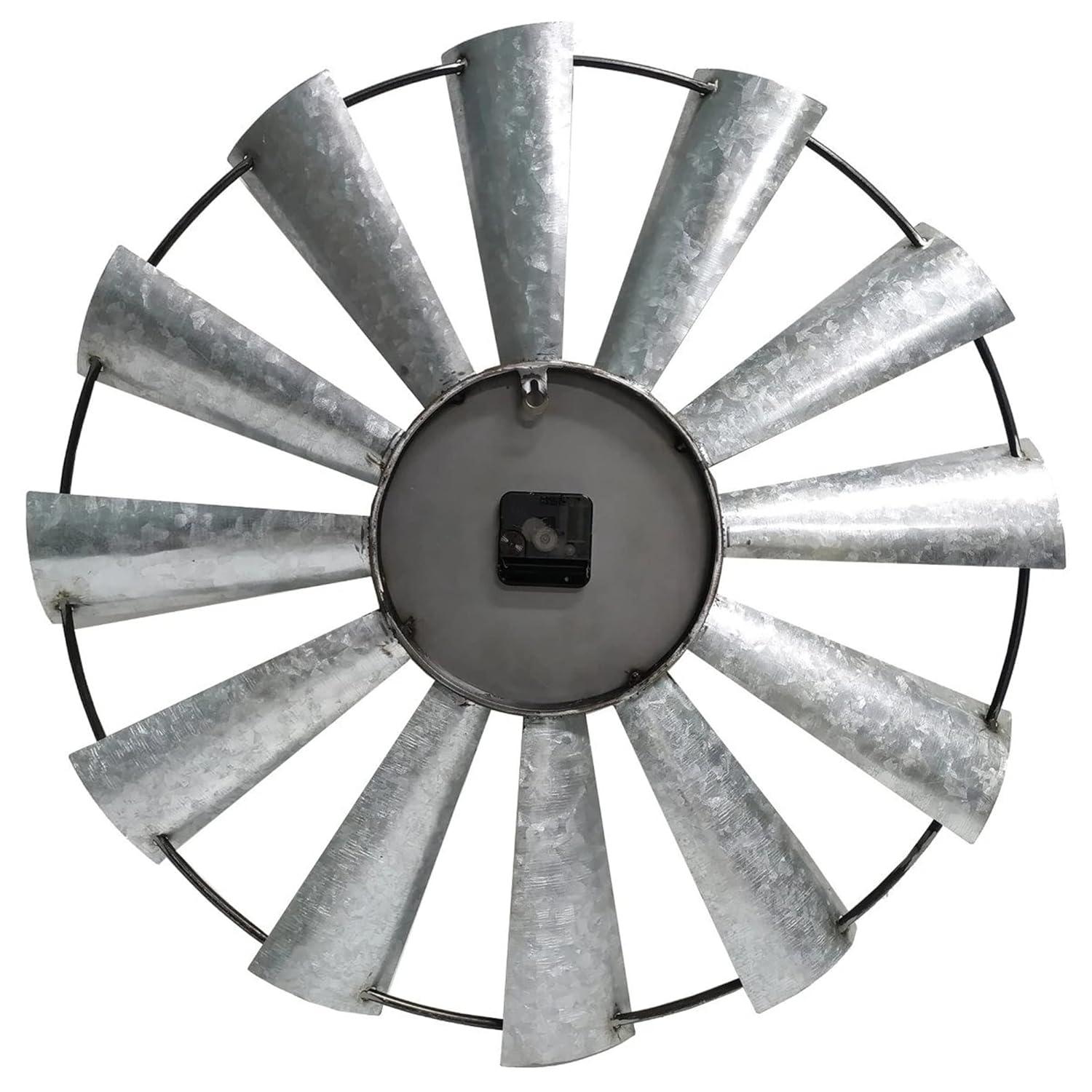 24" Large Farmhouse Decor Wall Clocks Metal Windmill Time Piece Galvanized Silver Analog