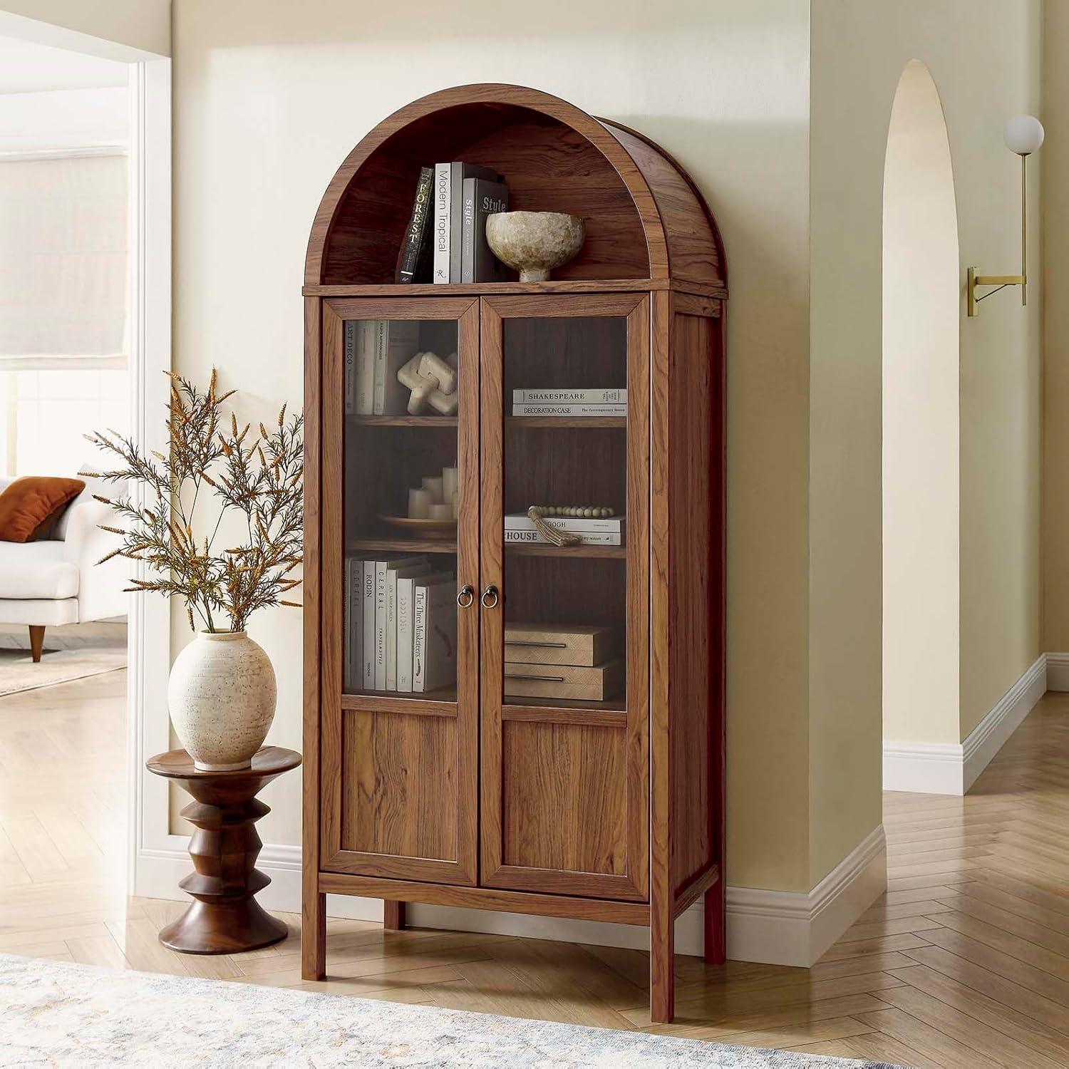 Modway Tessa Wood Tall Storage Display Cabinet with Rounded Arched Top in Walnut