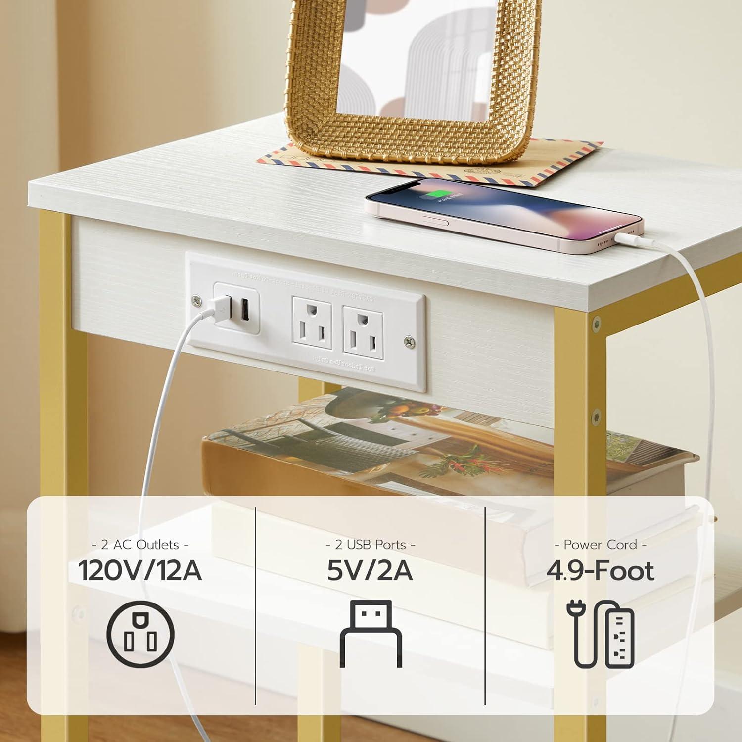 End Tables Set of 2 with Charging Station and USB Ports, 3-Tier Nightstands with Adjustable Shelves, Small Side Tables for Small Space in Living Room, Bedroom, White and Gold DW112BZP201G1