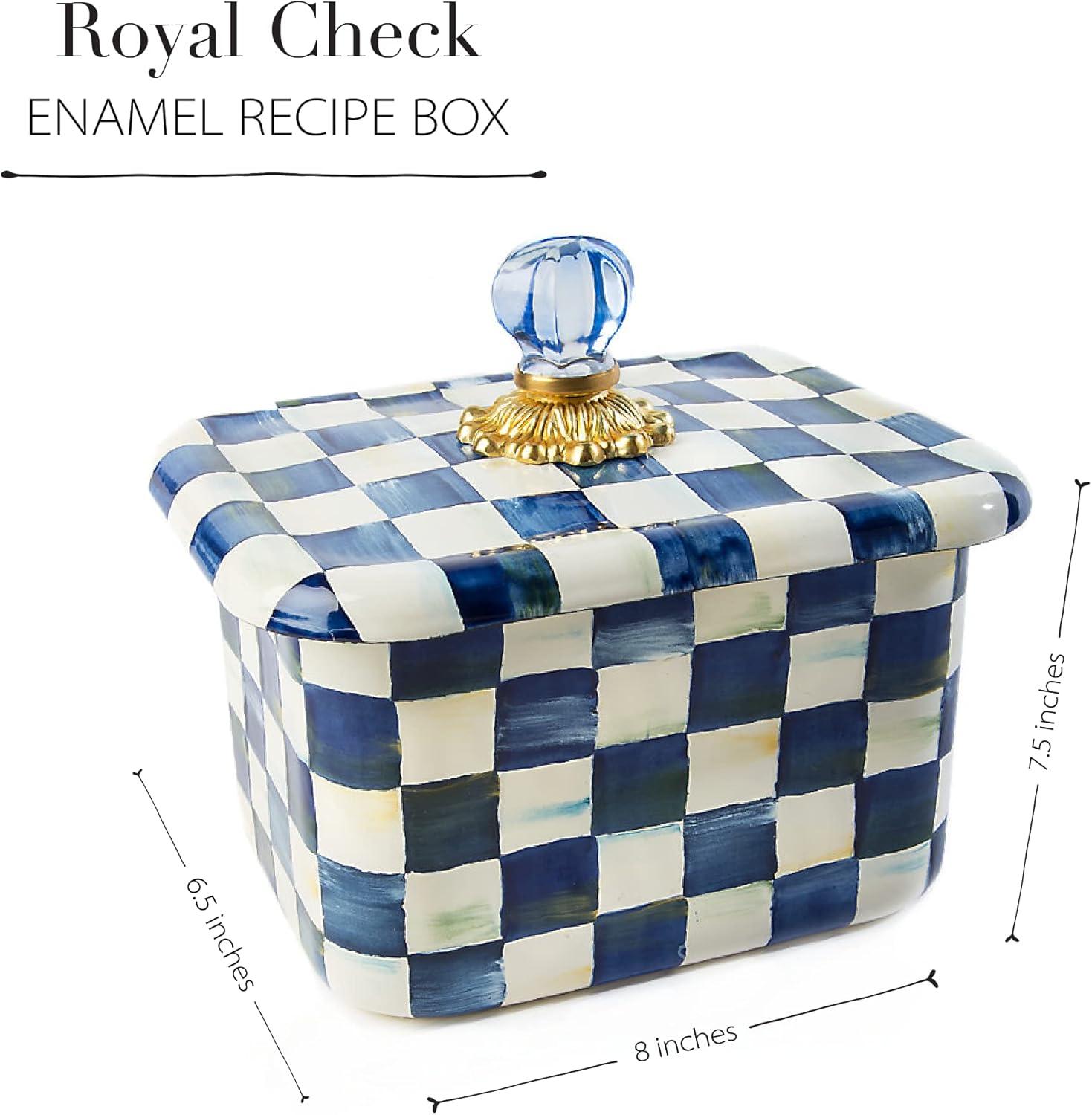 Elegant Royal Check Hand-Painted Recipe Box with Glass Knob