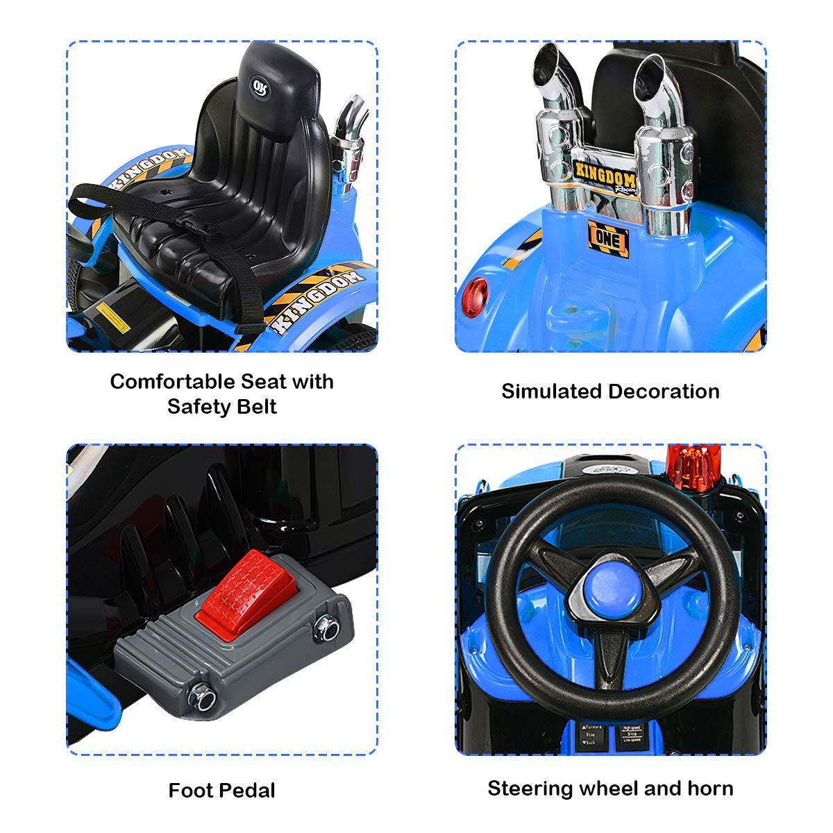 HONEY JOY Ride on Excavator, 12V Battery Powered Construction Vehicles for Kids, Front Loader Shovel w/Horn, 2 Speeds, Forward/Backward, Safety Belt, Kids Bulldozer for Boys Girls(Blue)