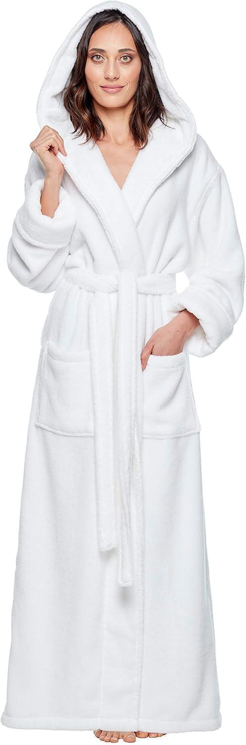 Women's Cotton Hooded Full Length Turkish Bathrobe White X-Large