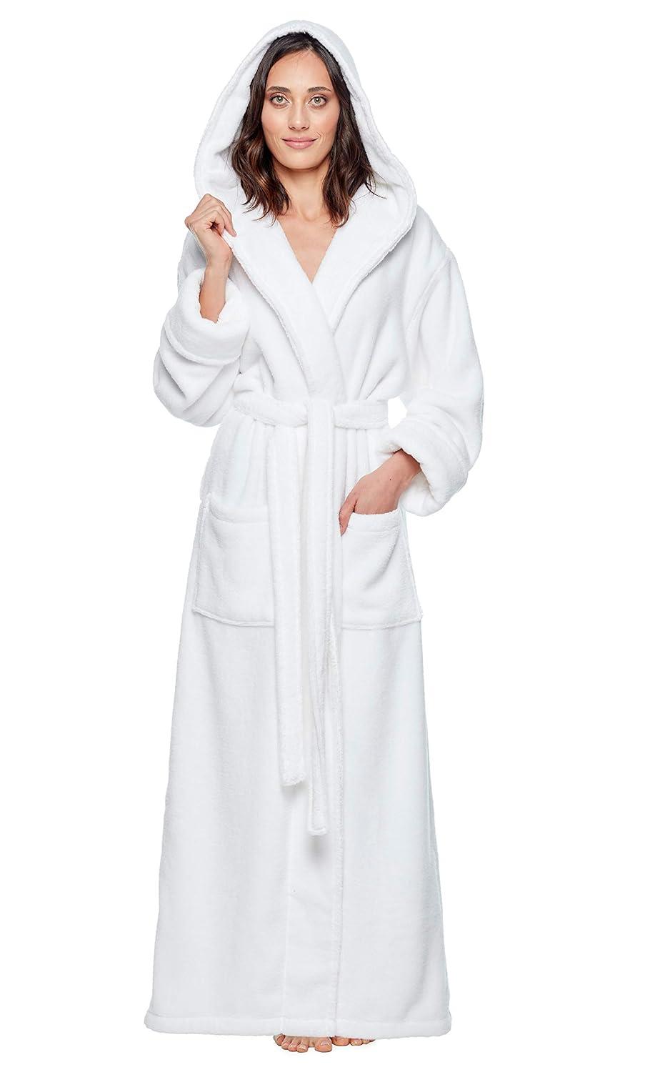 Women's Cotton Hooded Full Length Turkish Bathrobe White X-Large