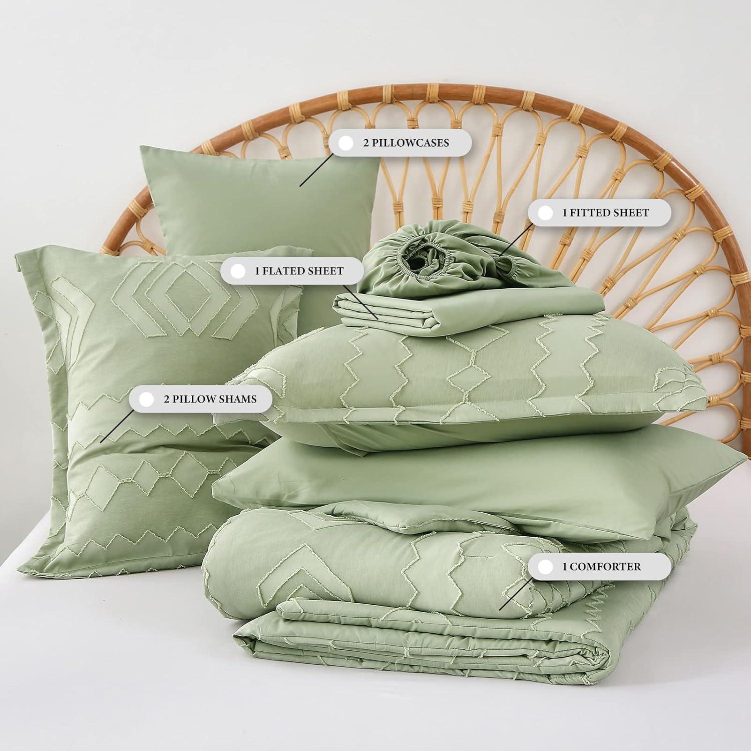 WURUIBO Tufted Shabby Chic 7 Piece Comforter Set - King Size, Soft Microfiber Boho Farmhouse Bedding - Green Jacquard Comforter, Sheets and Bedding Set for All Season
