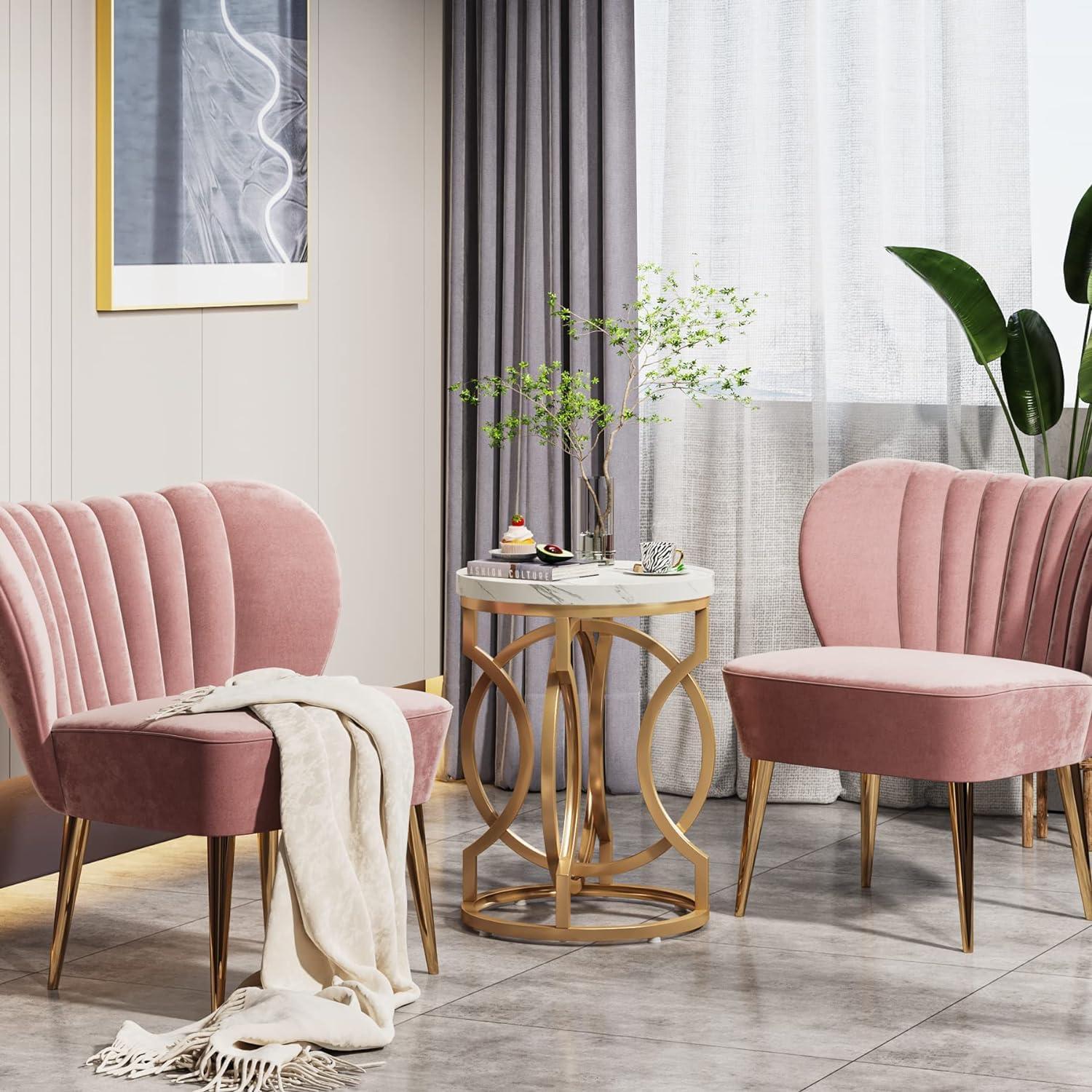 Tribesigns Morden Round End Table with Faux Marble White Top, 20" Sofa Side Table Coffee Table Cocktail Table with Unique Gold O-shaped Base for Living Room Bedroom