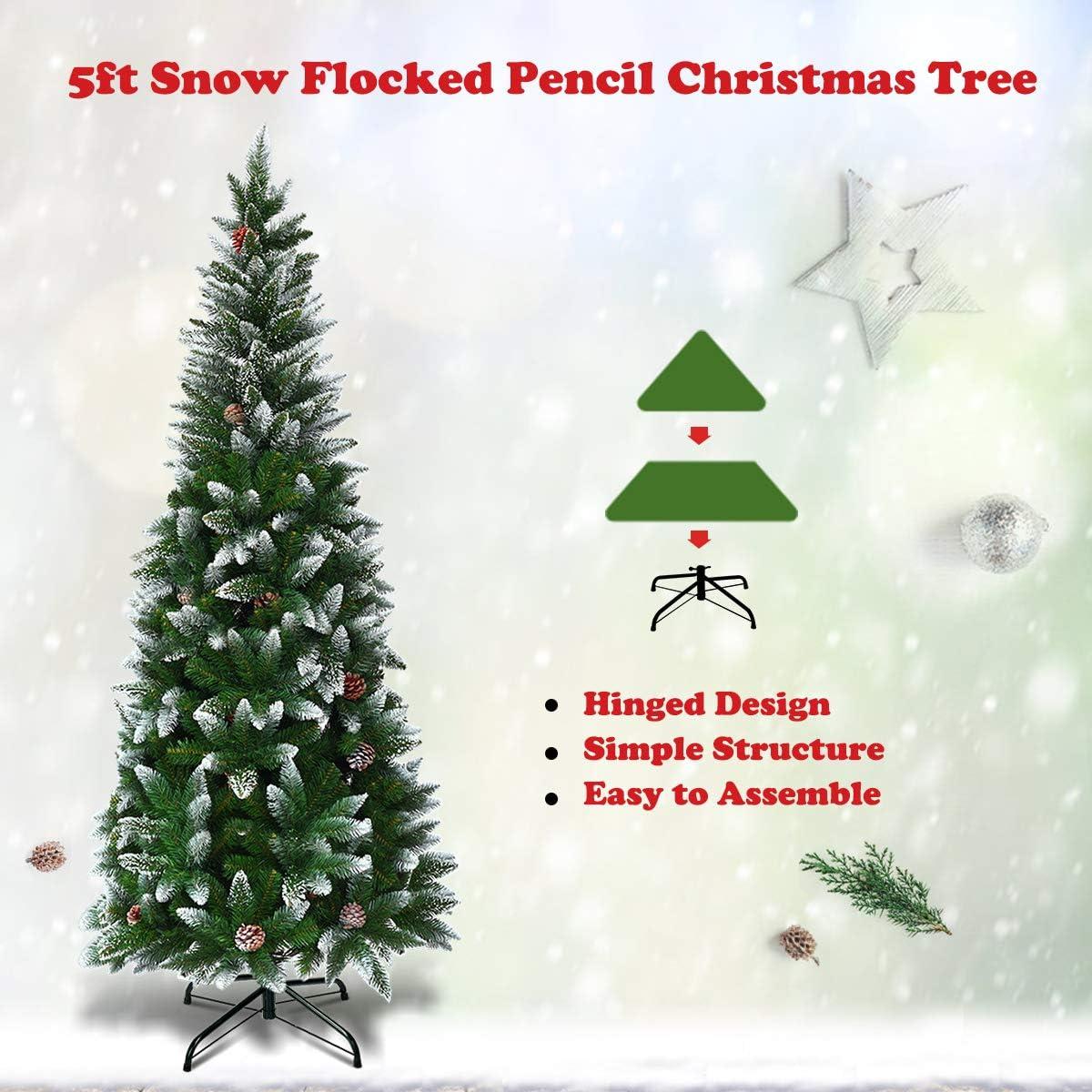 Costway 5ft Snow Flocked Unlit Pencil Christmas Tree Hinged Pine Cones