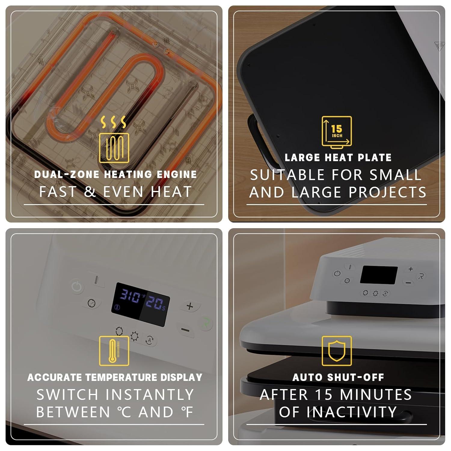 HTVRONT Automatic Heat Press Machine, Professional for Heat Transfer Projects, 15''x15'' Smart T-Shirt Press Machine with Auto Release-White