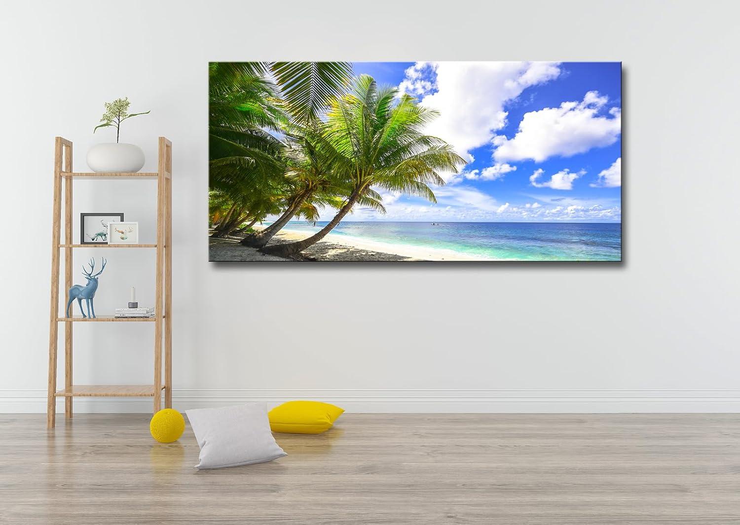 Large Blue Ocean Landscape Canvas Print with Palm Tree