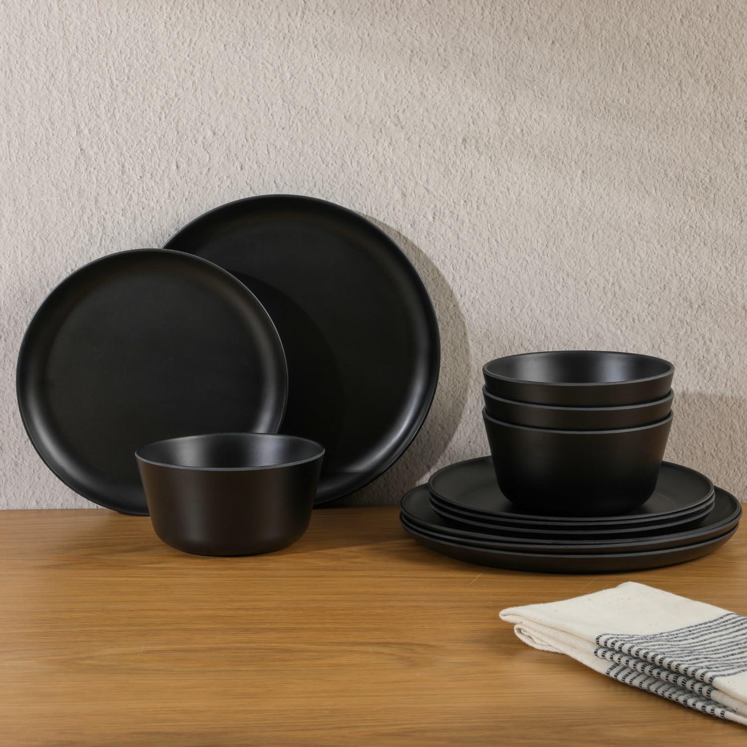 Matte Black Melamine 12-Piece Dinnerware Set for 4