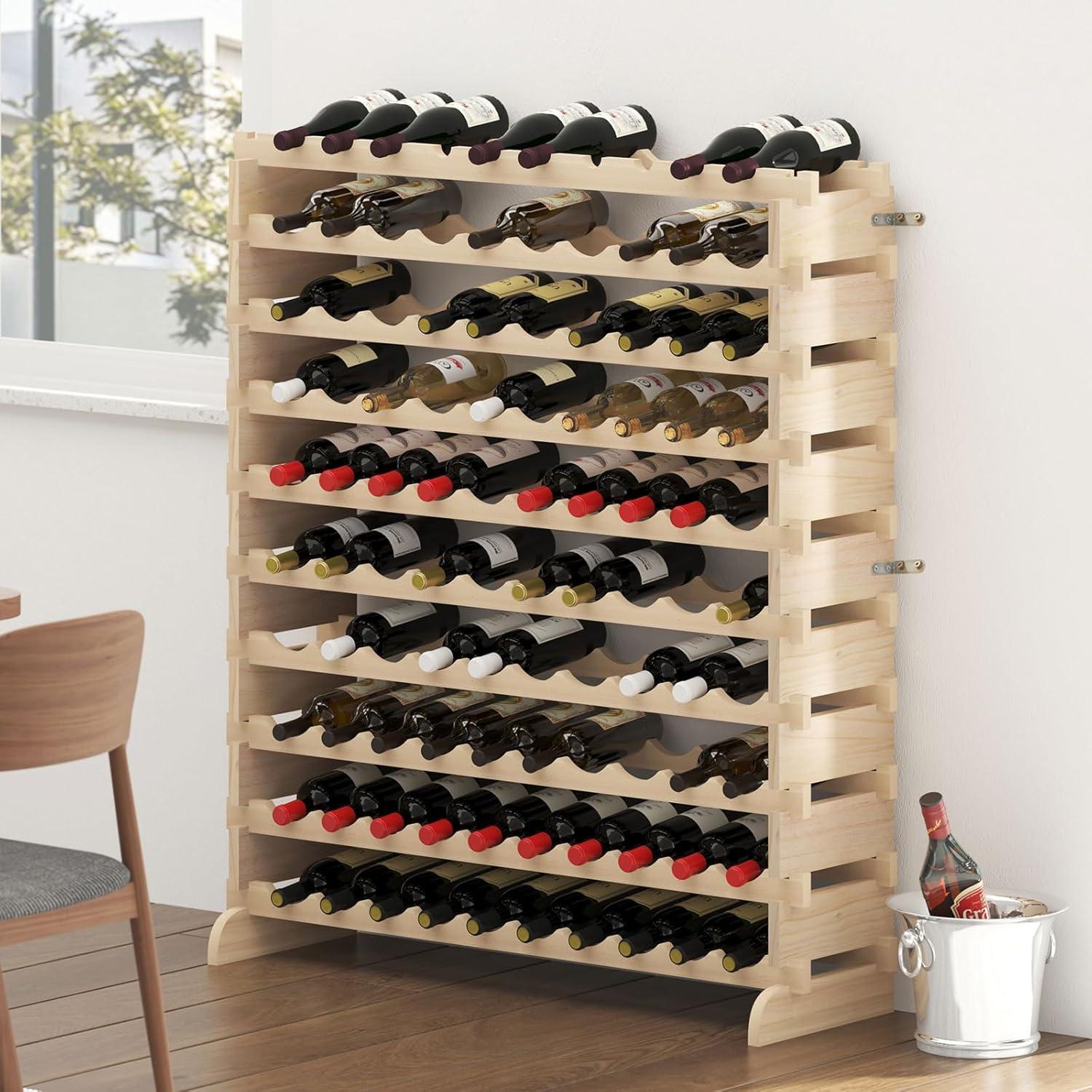 Natural Pine 10-Tier Stackable Wine Rack for 100 Bottles