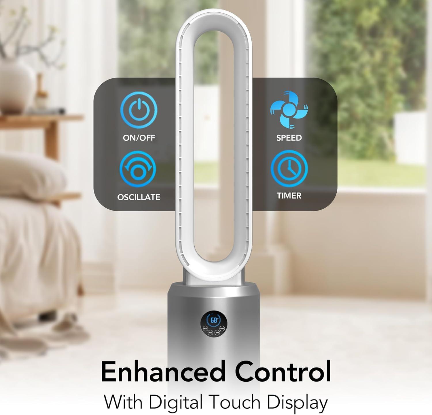 Comfort Zone 40" Bladeless Tower Fan with Remote Control, 9H Timer, Wide Area Oscillation, Push Button Digital Display, 3 Speeds, Silver