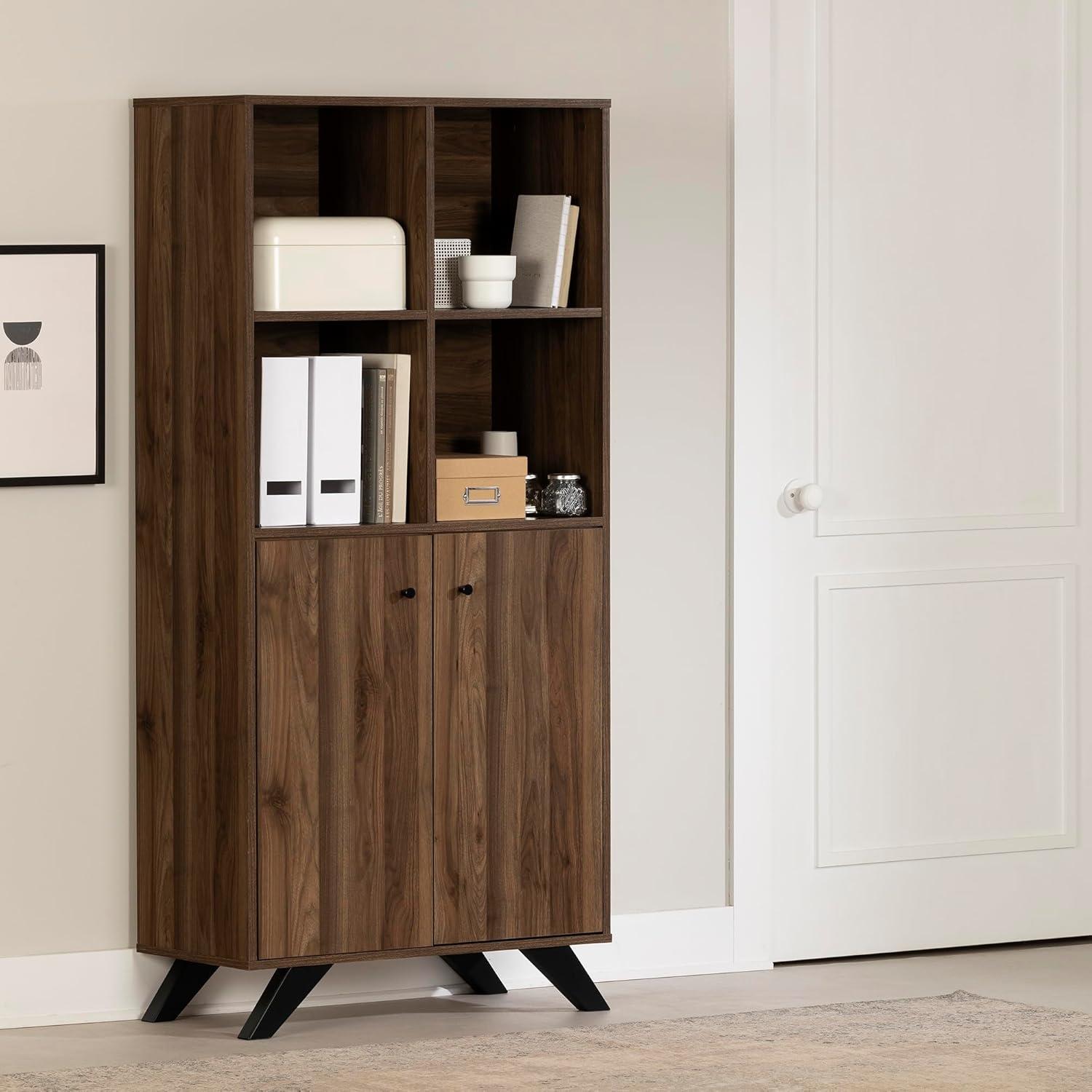 Natural Walnut 5-Shelf Office Bookcase with Doors