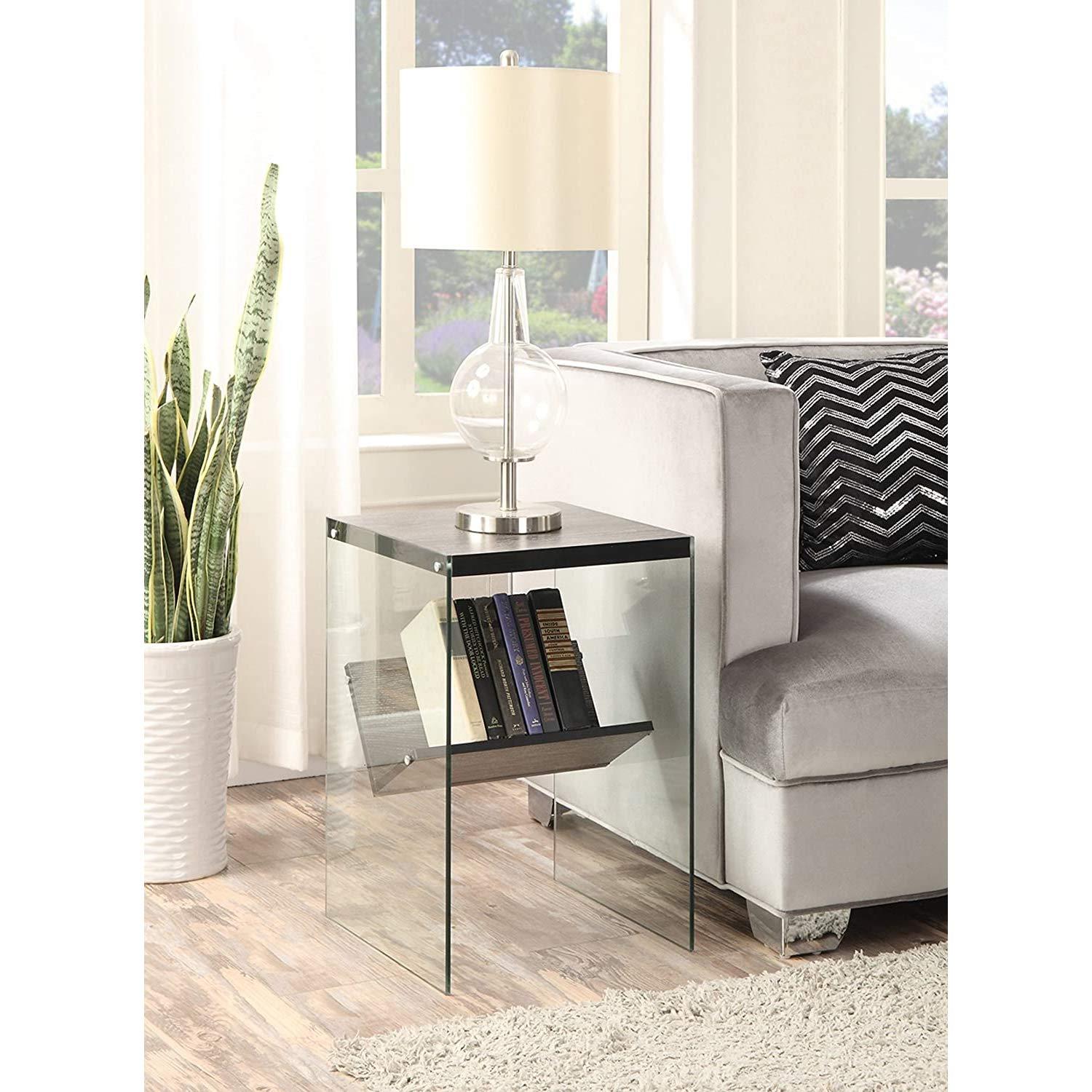 Convenience Concepts SoHo Glass End Table with Shelf, Weathered Gray/Glass