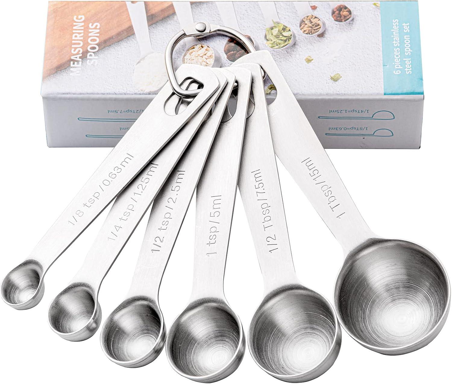 Stainless Steel Measuring Spoons Set of 6 Piece: 1/8 TSP, 1/4 TSP, 1/2 TSP, 1 TSP, 1/2 tbsp & 1 tbsp Dry and Liquid Ingredients