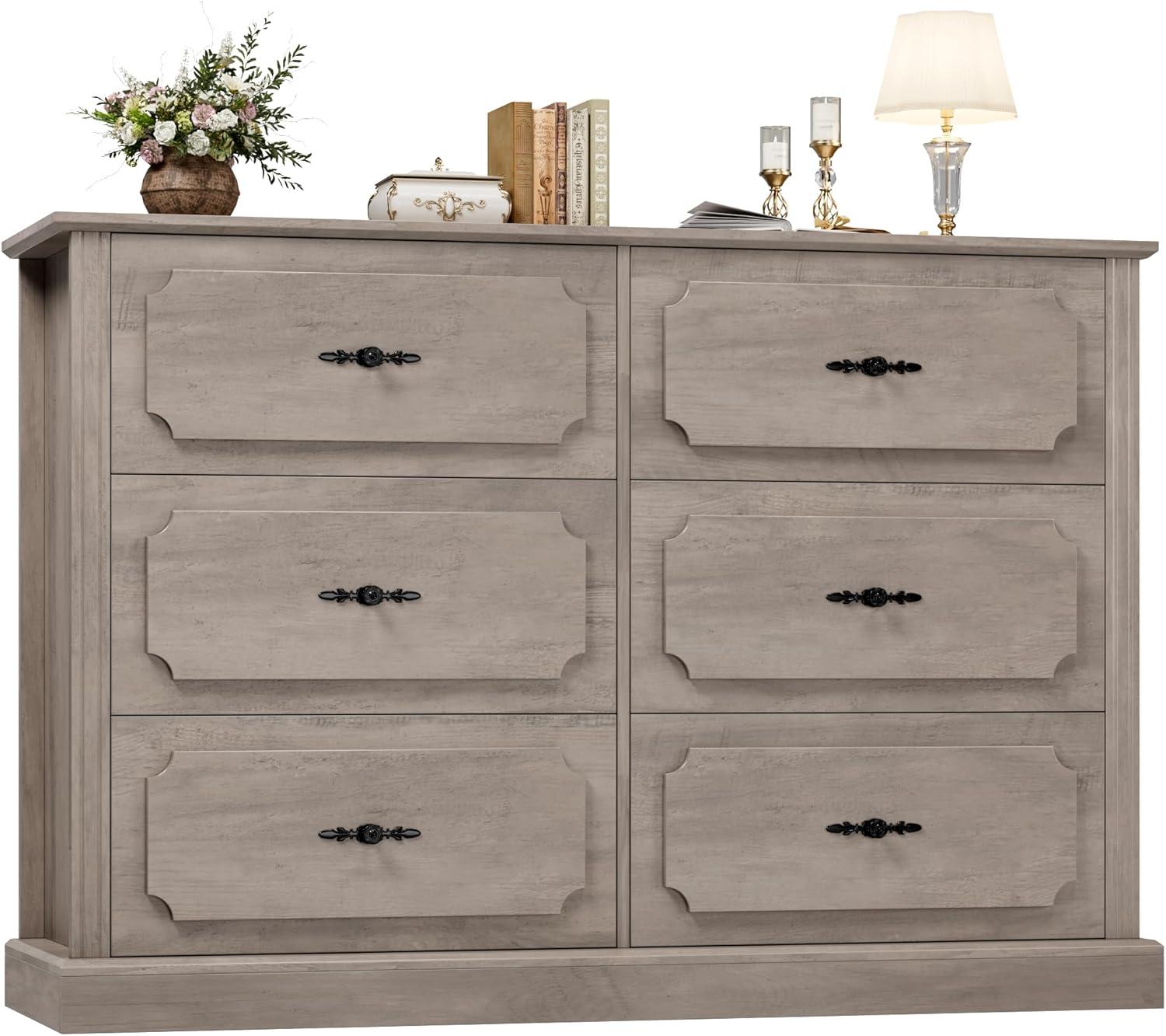 Litake Dresser for Bedroom with 6 Drawers, Wood Drawer Dresser Chest of Drawers for Closet, Living Room, Hallway, Nursery, Kids Bedroom, Light Grey