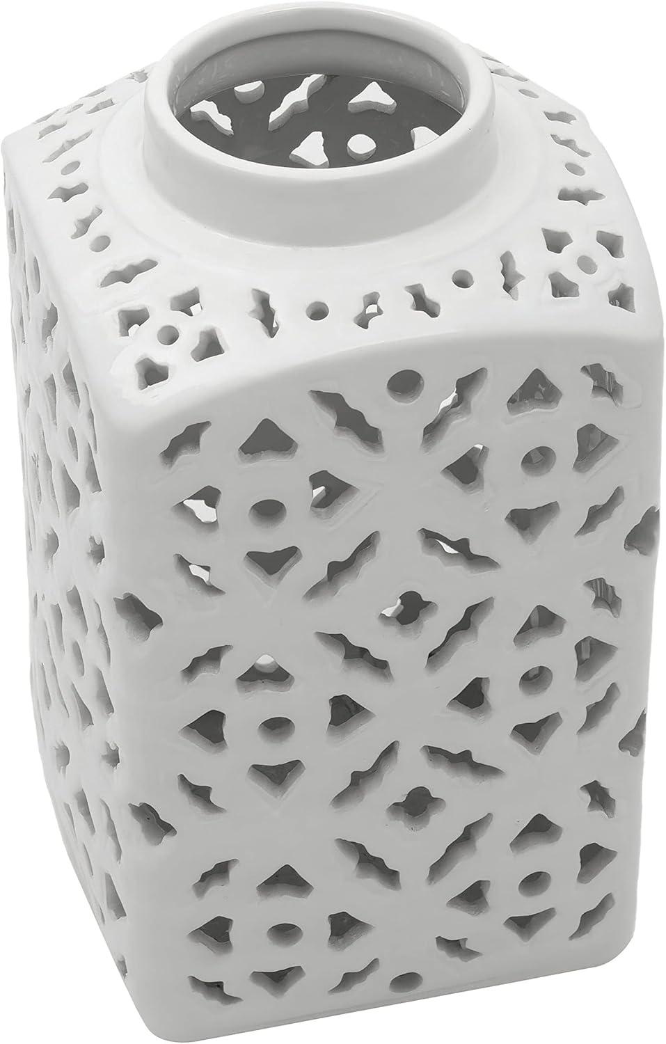 12" White Carved Square Ginger Jar