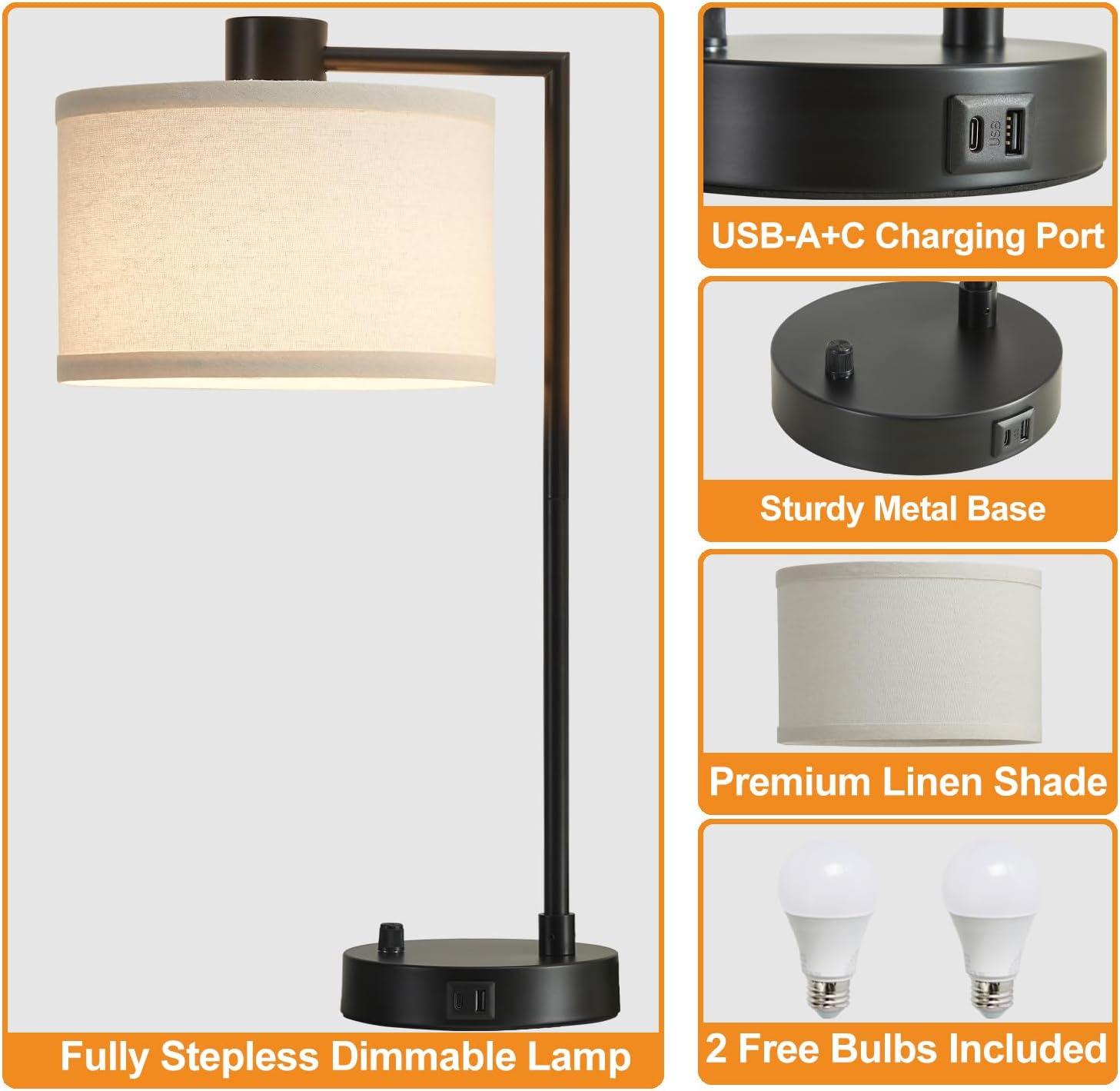Mercer41 Navreet Table Lamp Set with USB C+A Charging Ports Fully Stepless Dimmable Bedside Lamp (Bulbs Included)  (Set of 2)