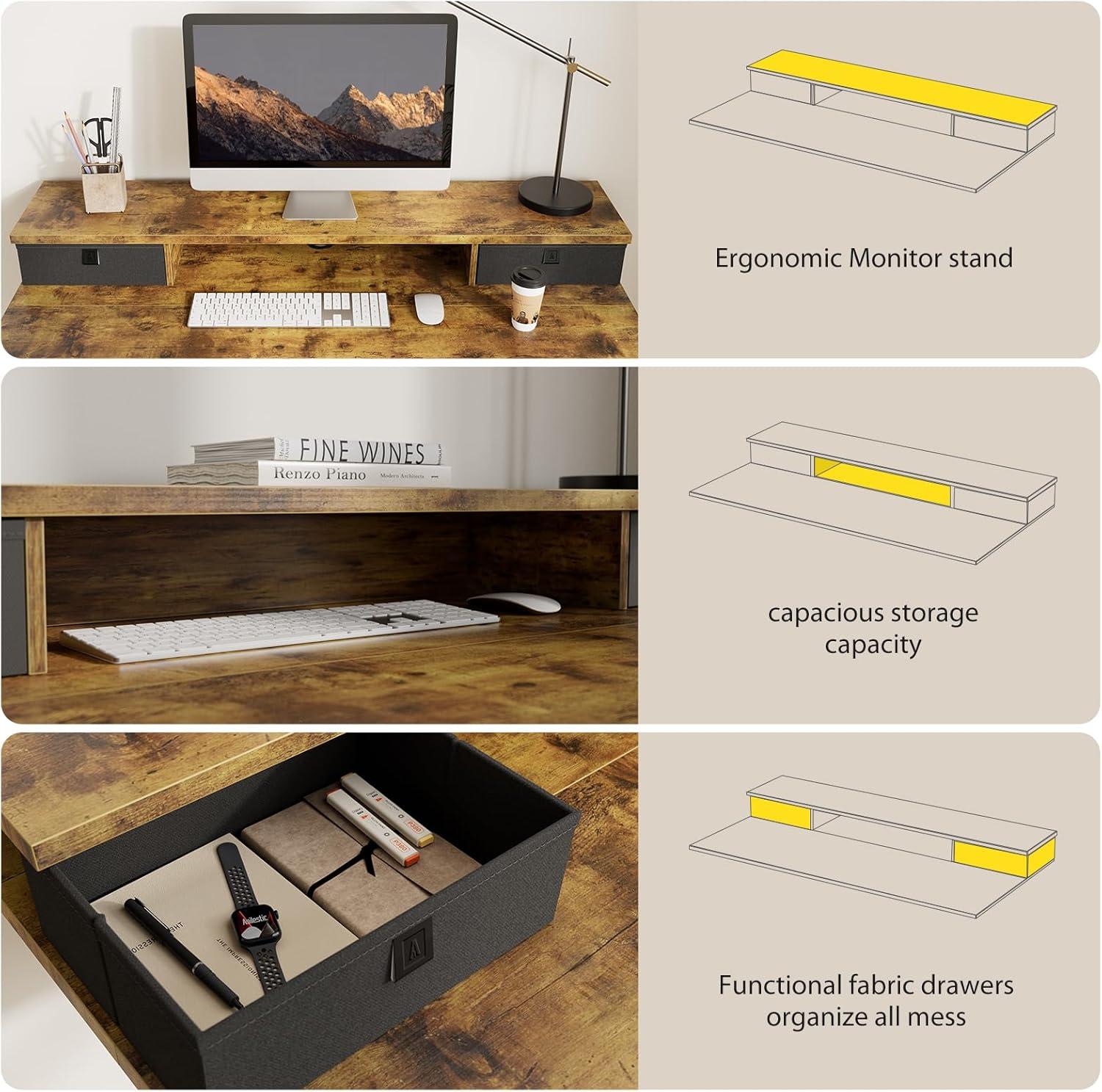 Rustic Brown Adjustable Height Standing Desk with Drawers and Shelf