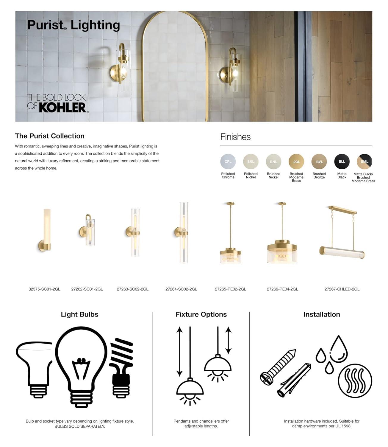 Purist™ 2 Light Indoor Bathroom Vanity Light Fixture, UL Listed