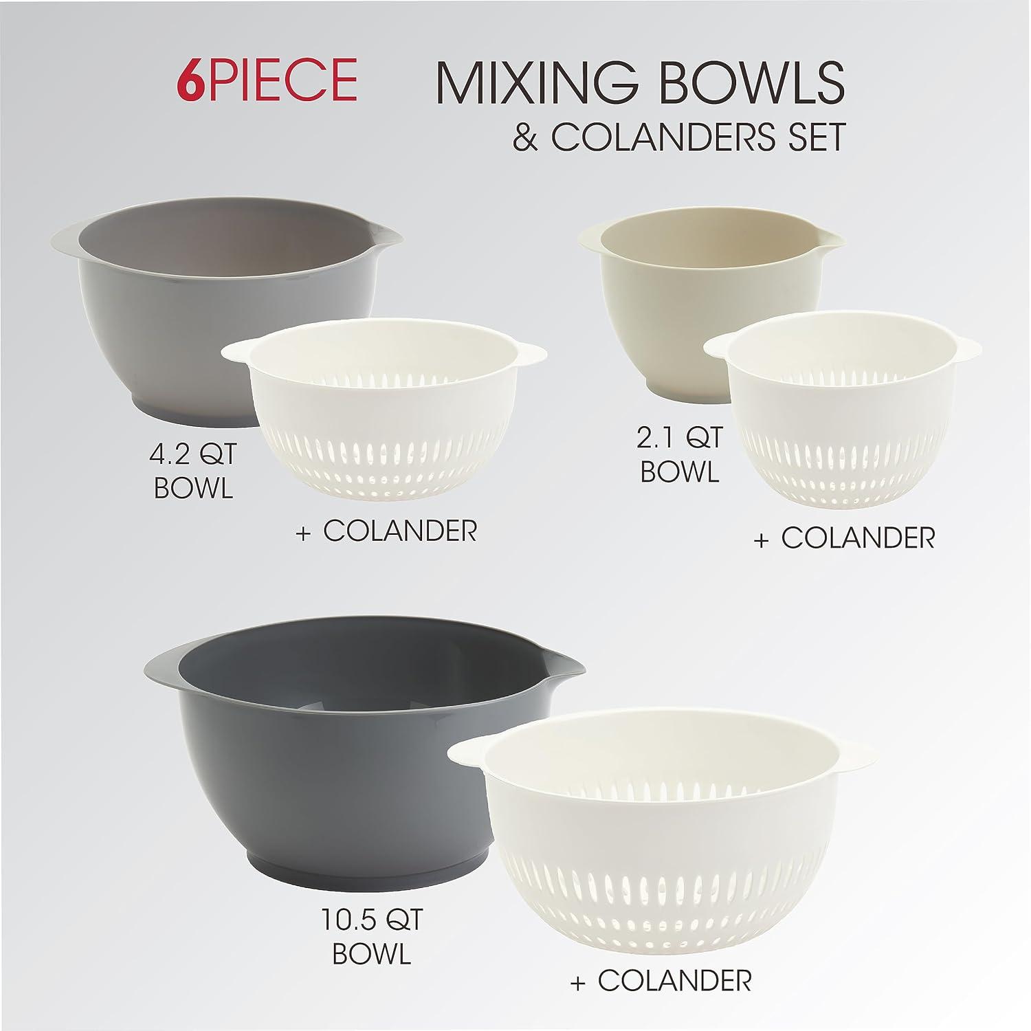 6 Piece Gray Plastic Mixing Bowls and Colanders Set