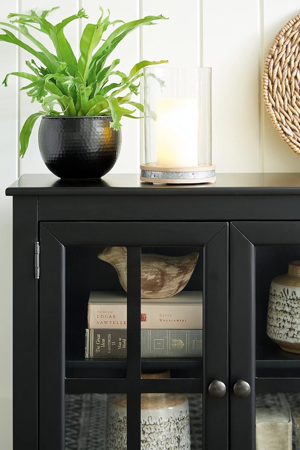 Transitional Black Wood Accent Cabinet with Lattice Doors and Adjustable Shelving