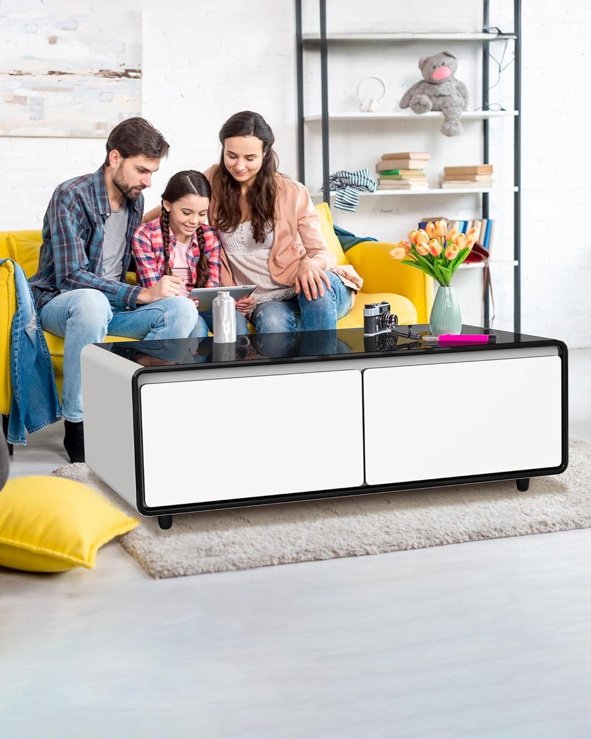 Livtab Smart Coffee Table with Built-in Fridge, Bluetooth Speakers, Wireless Charging, USB Ports and Outlets, Panel, LED Lights for Living Room, White