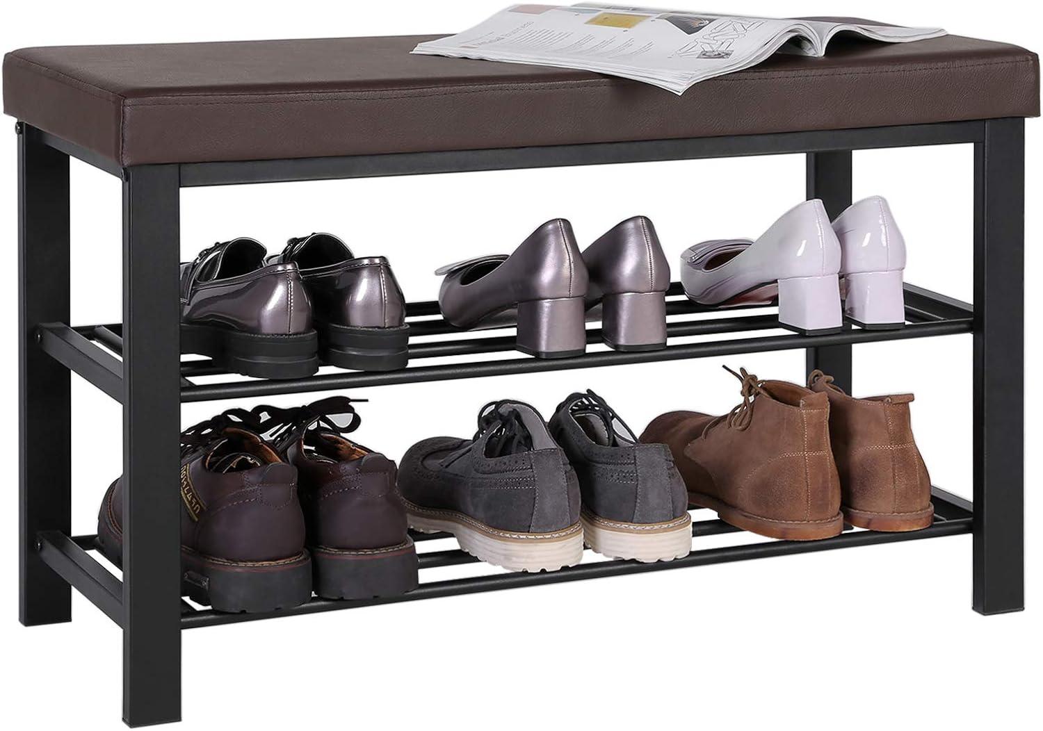 Brown Faux Leather 3-Tier Shoe Bench with Storage