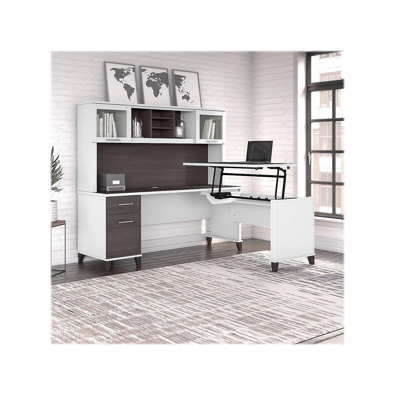 Bush Furniture Somerset 72" Sit to Stand L Desk & Hutch, Storm Gray & White