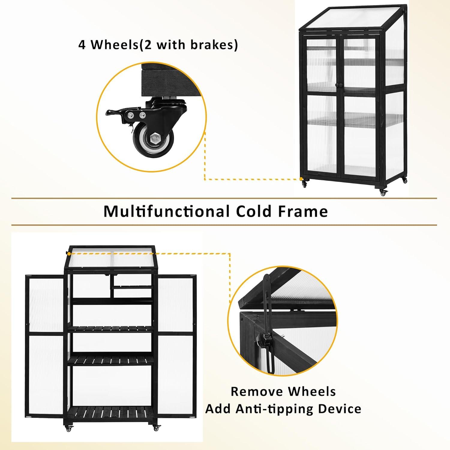 Polibi Wooden Greenhouse, Cold Frame Portable Greenhouse with Wheels and Adjustable Shelves for Indoor Outdoor Patio Balcony Garden, 31.5" Lx22.4 Wx62 H, Black