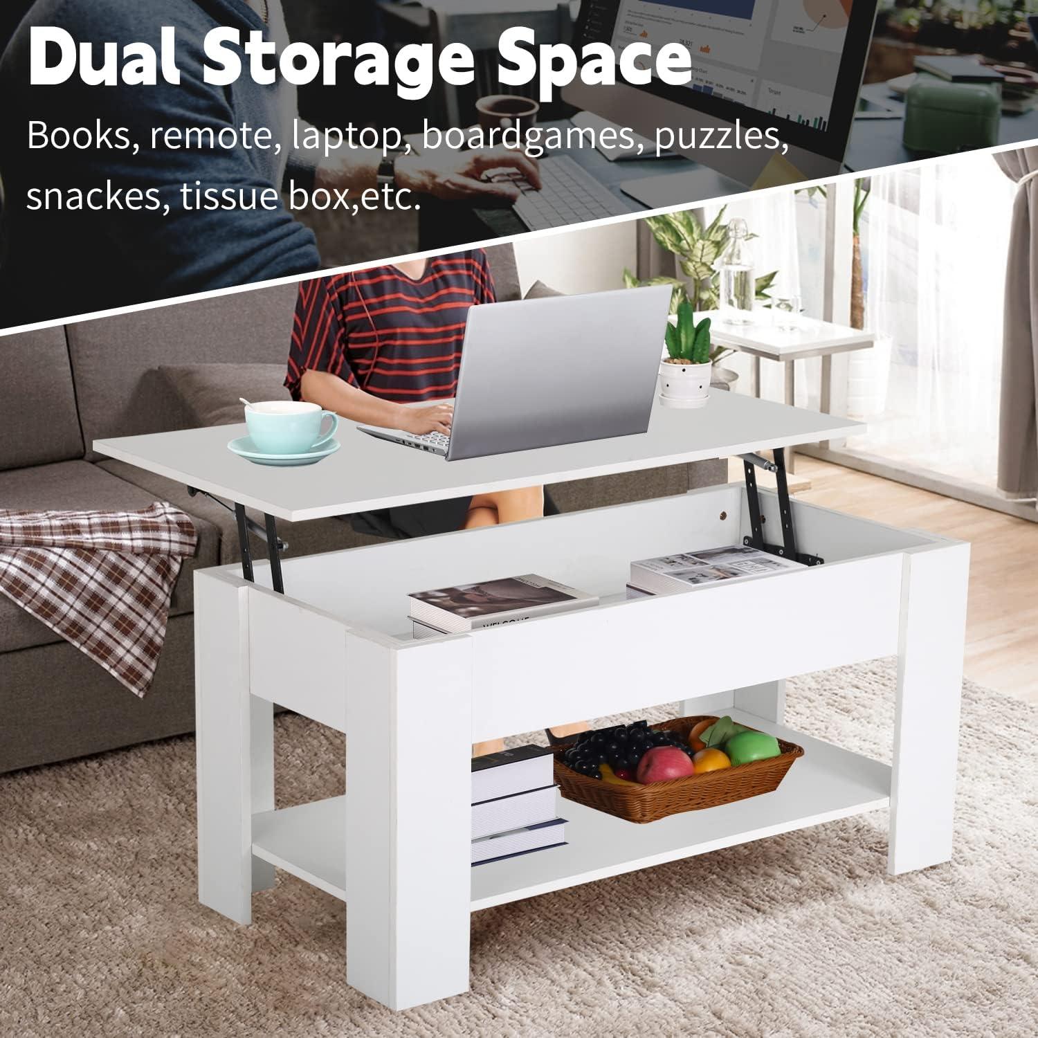 FDW Coffee Tables with Hidden Compartment and Storage Shelf Wooden Lift Tabletop Dining Table for Living Room Home (White)