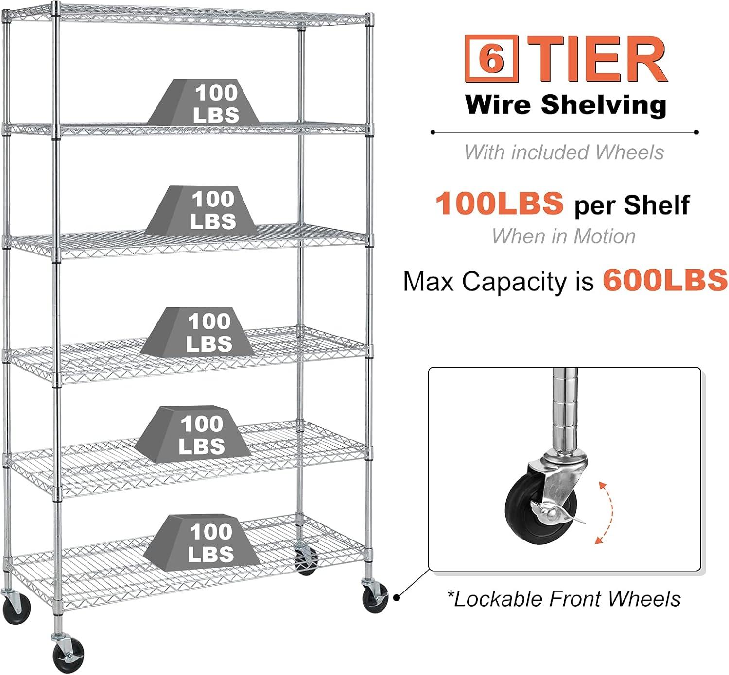 Chrome Heavy Duty Adjustable 6-Tier Metal Storage Rack with Wheels