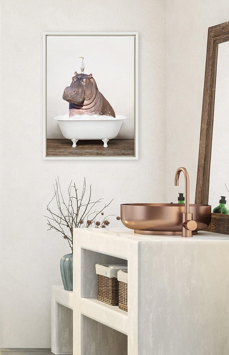 18" x 24" Sylvie Hippo and Bird in Rustic Bath Framed Canvas by Amy Peterson - Kate & Laurel All Things Decor