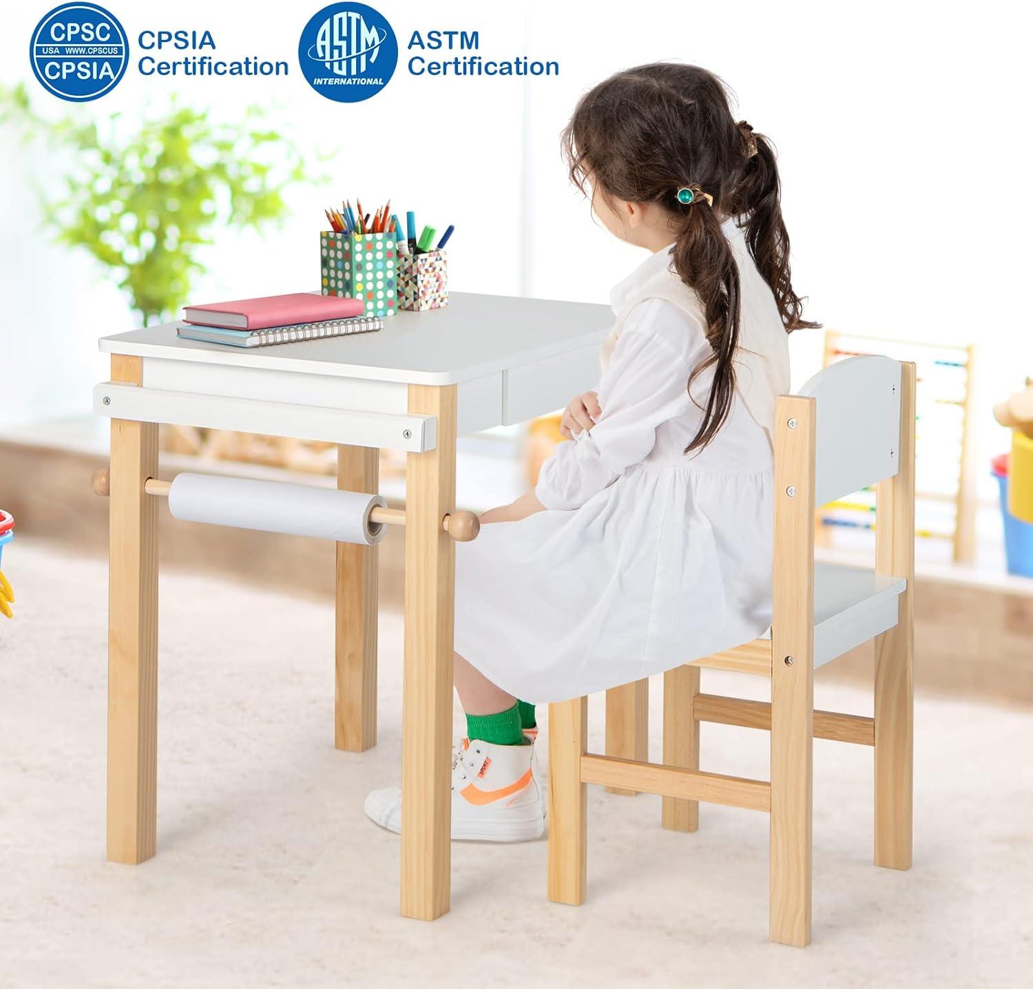 GVN Kids Art Table and Chair Set with Drawer Paper Roll and 2 Markers-White, Kids Desk and Chair Set for Arts & Crafts, Snack Time, Homeschooling, Homework