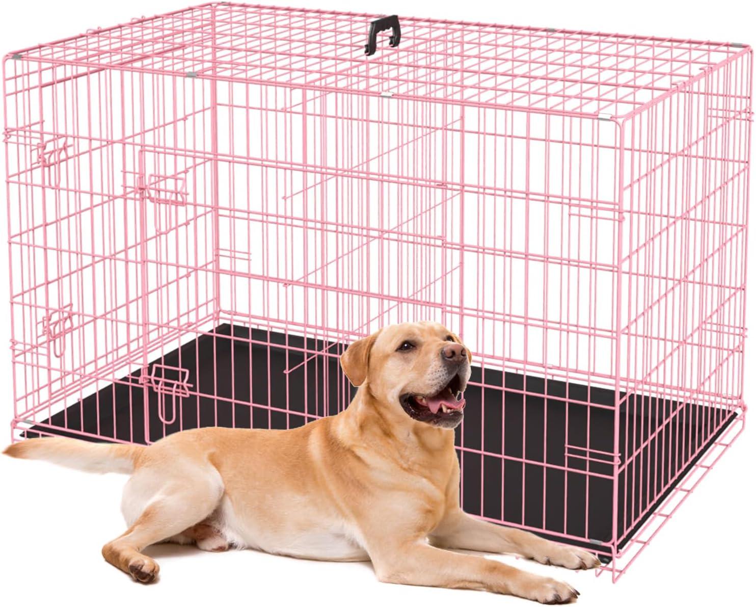 FDW 36 Inch Dog Crates for Large Dogs Folding Mental Wire Crates Dog Kennels Pet Dog Cage Crate with Double-Door Removable Tray and Handle,Pink