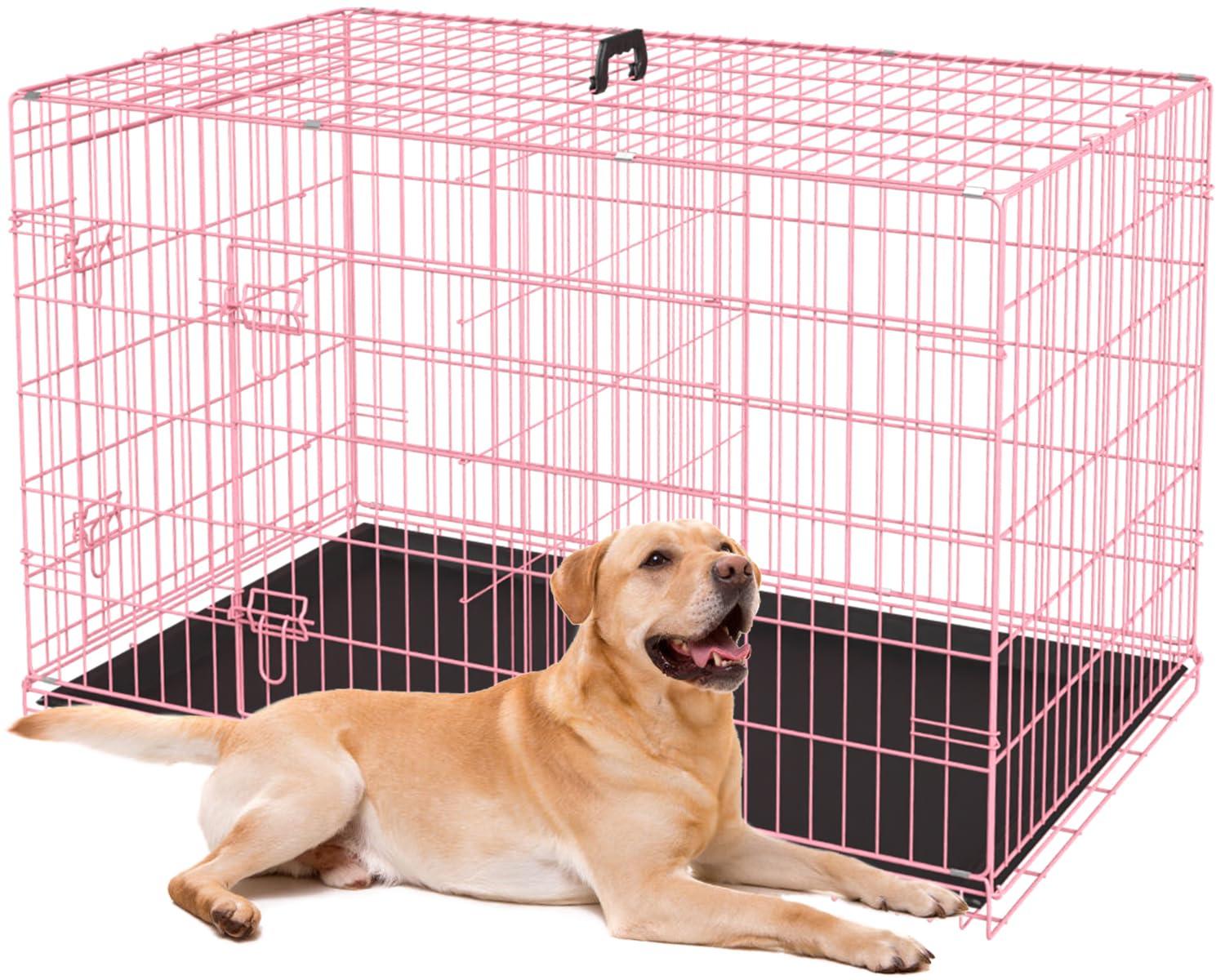 FDW 36 Inch Dog Crates for Large Dogs Folding Mental Wire Crates Dog Kennels Pet Dog Cage Crate with Double-Door Removable Tray and Handle,Pink