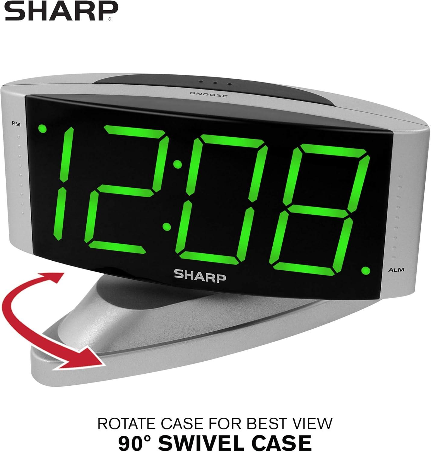 Sharp LED Digital Alarm Clock Swivel Base Outlet Powered Simple Operation Snooze Dimmer Large Green Digit Display