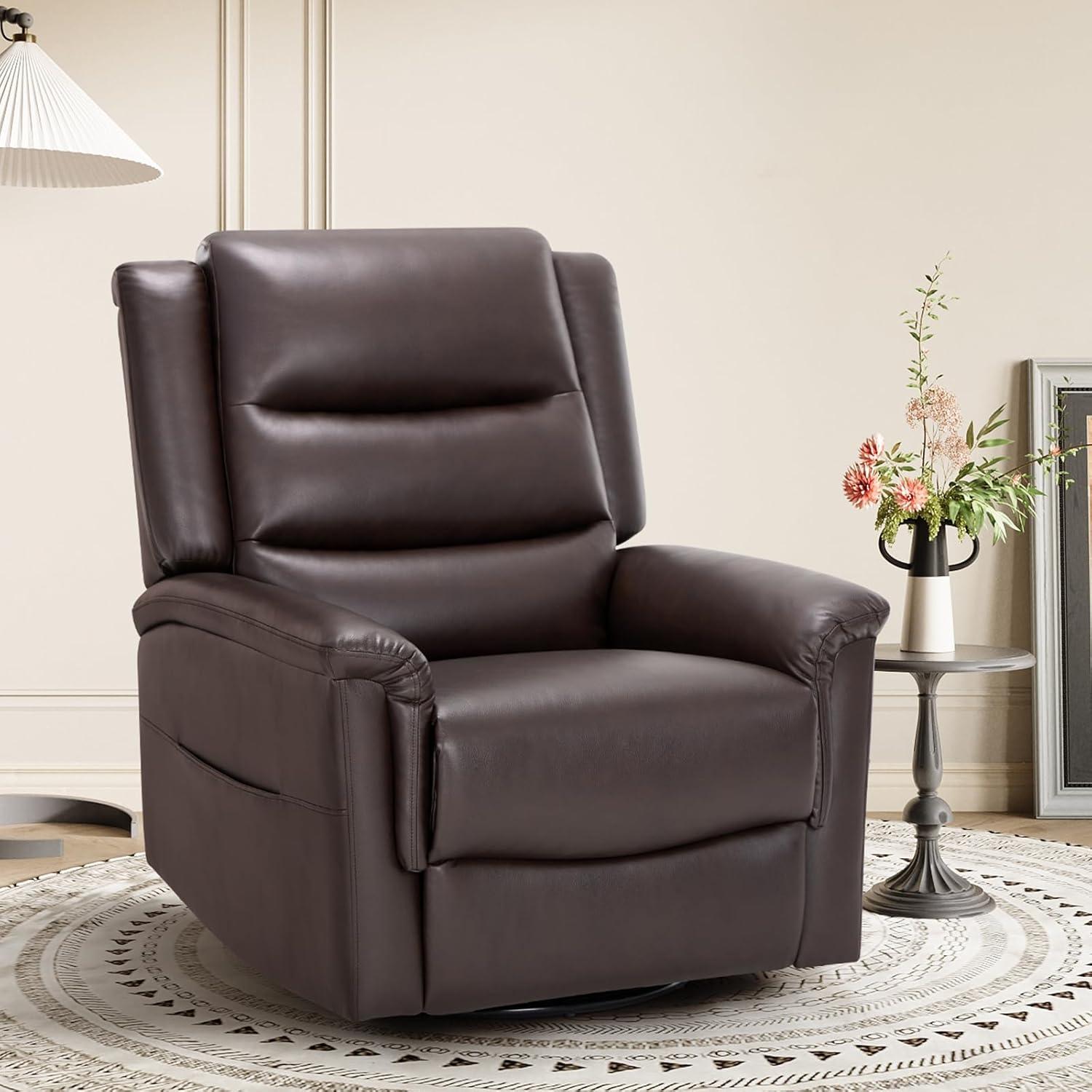Dark Brown Leather Swivel Recliner with Metal Frame