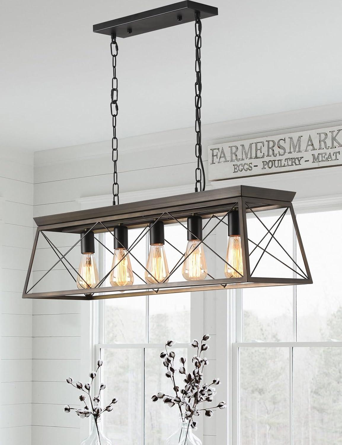 Progress Lighting Briarwood 5-Light Linear Chandelier, Antique Bronze, Faux-Painted Wood Enclosure