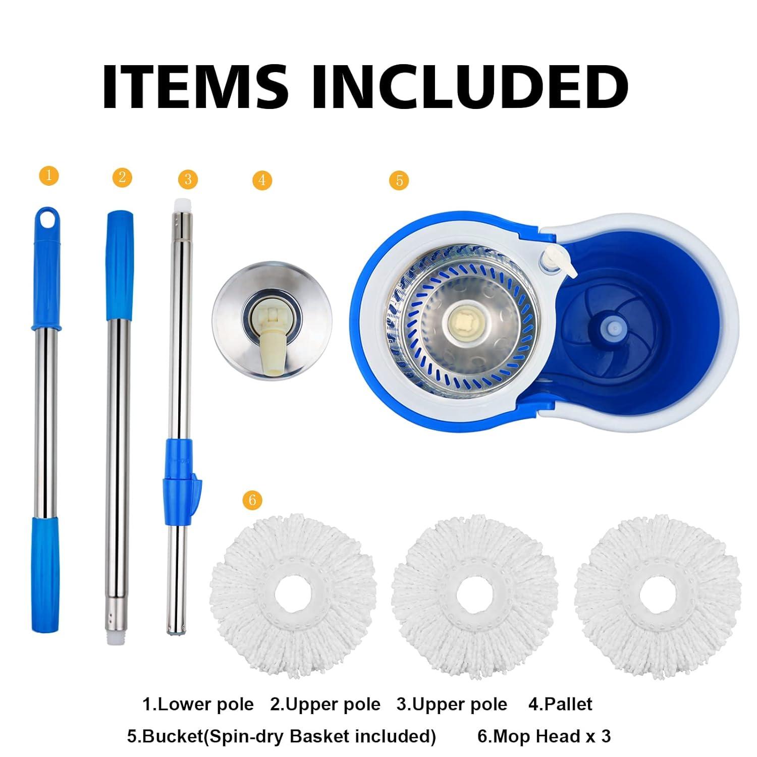 Spin Mop and Bucket with Wringer Set,360°Spin Mop & Bucket Floor Cleaning System Mop Bucket with 61" Adjustable Extended Handle 3 Microfiber Replacement Head Refills